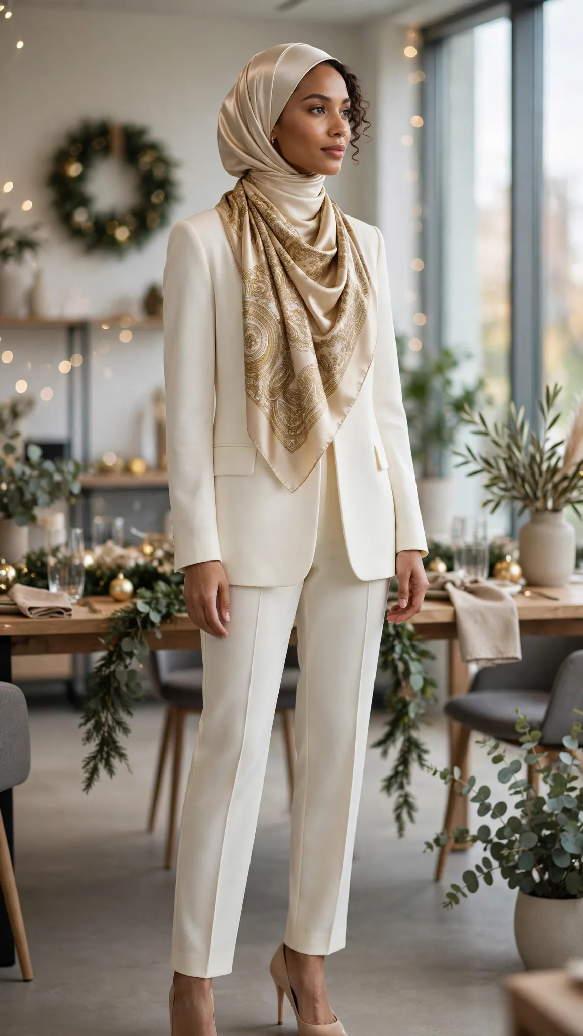 30. Ivory Crepe Blazer Set: A Modest Holiday Party Outfit for Work