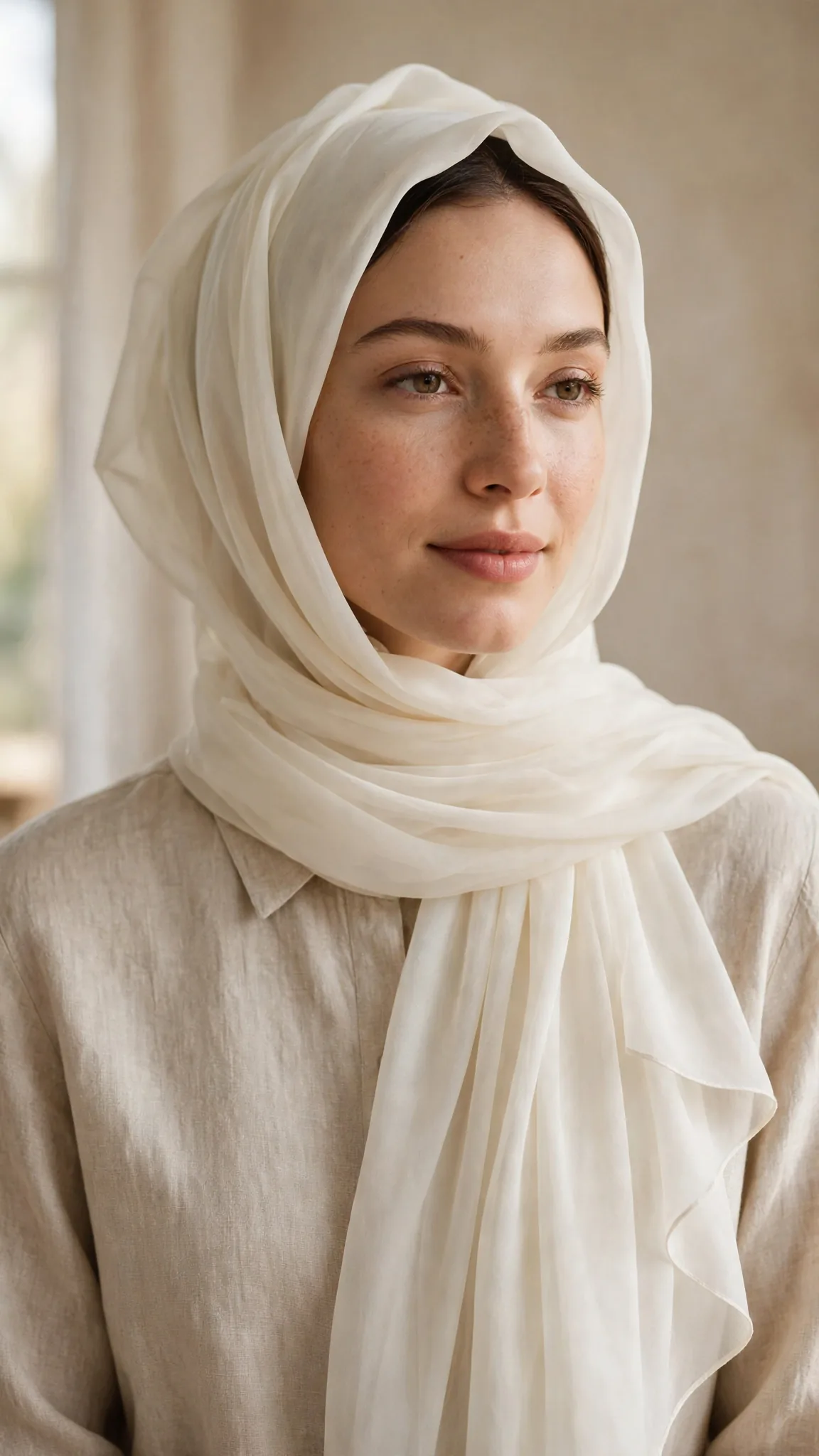 Hijab Styles for Round Faces – 1. The Loose Side Drape With Volume on Top
