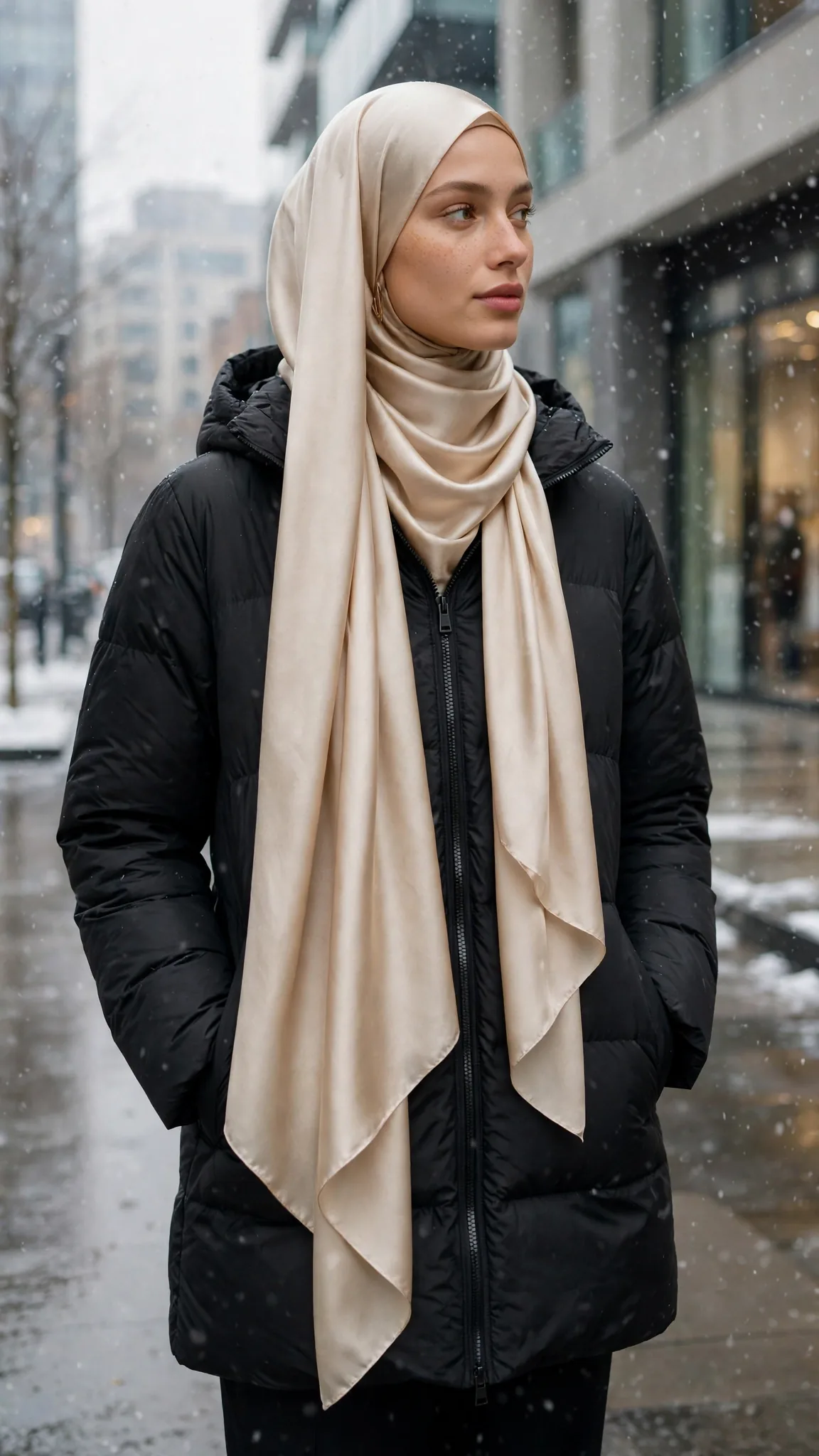 Try the Puffer-Jacket-and-Silk-Hijab Combo