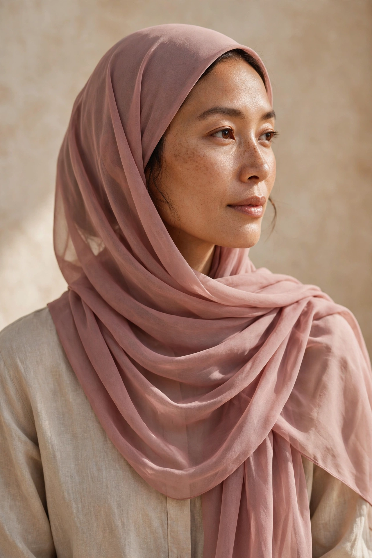 Loose side sweep hijab with diagonal lines for oval faces
