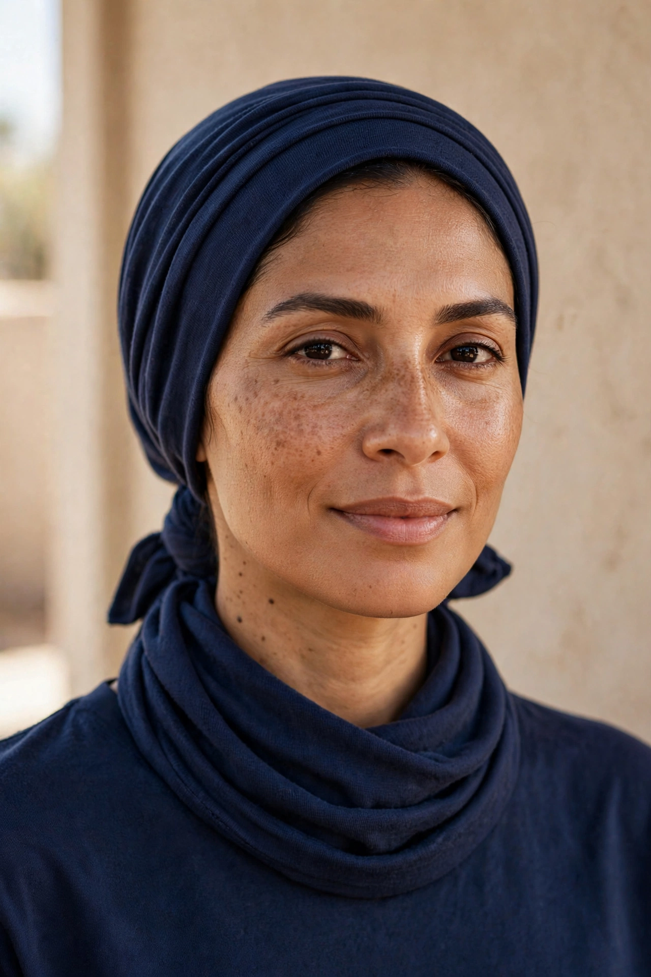 Turban-style hijab wrap with a low, wide knot for oval faces