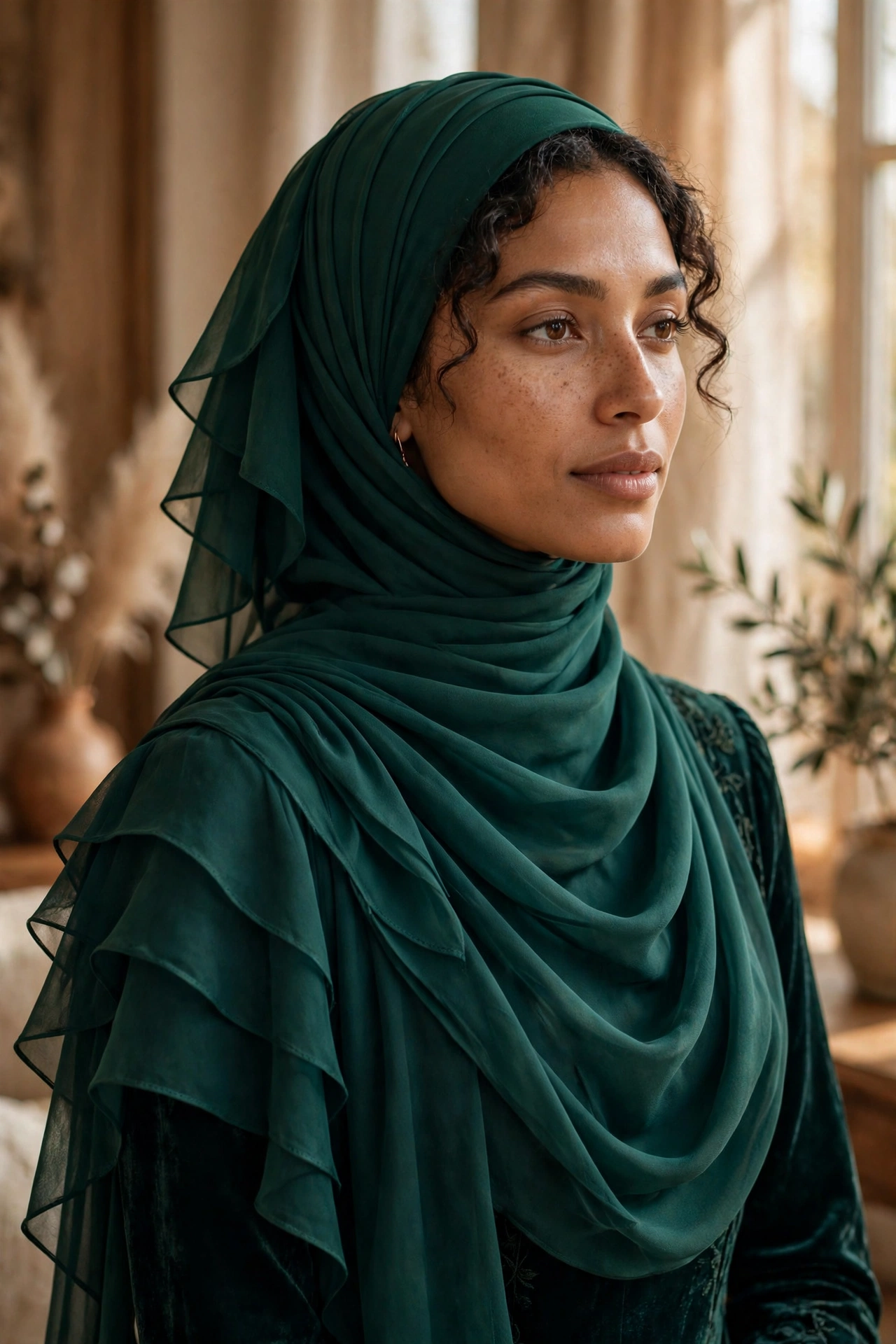 Layered chiffon hijab wrap for formal evenings for oval faces
