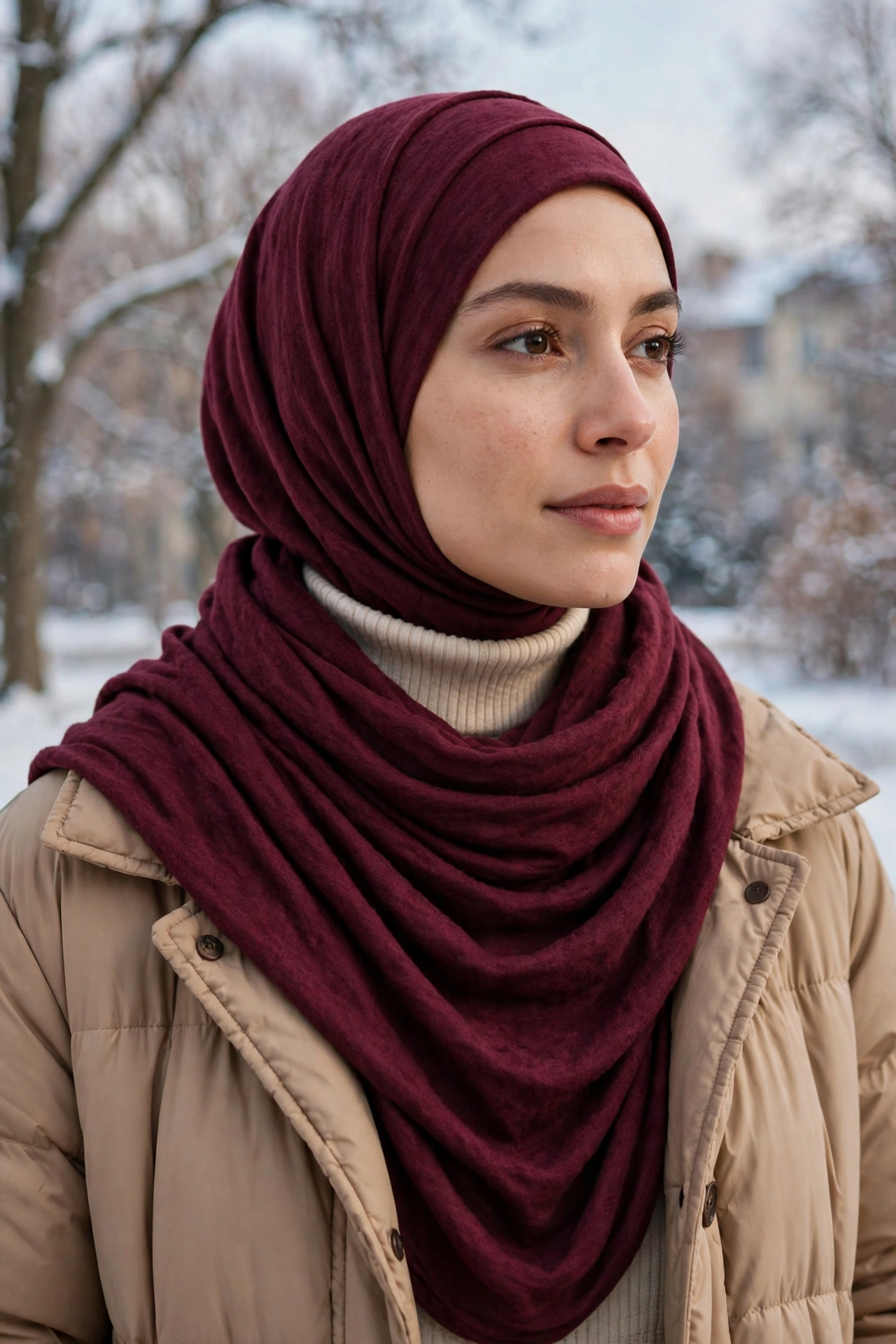 Winter hijab styling with warmth and width for oval faces