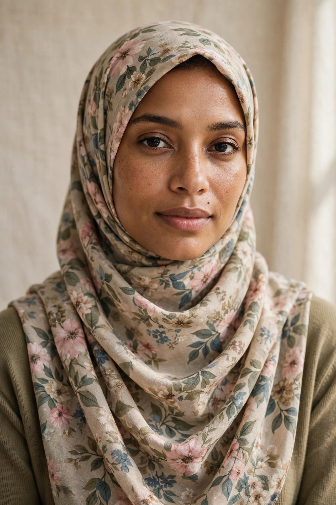 Printed hijab styling that keeps proportions balanced for oval faces