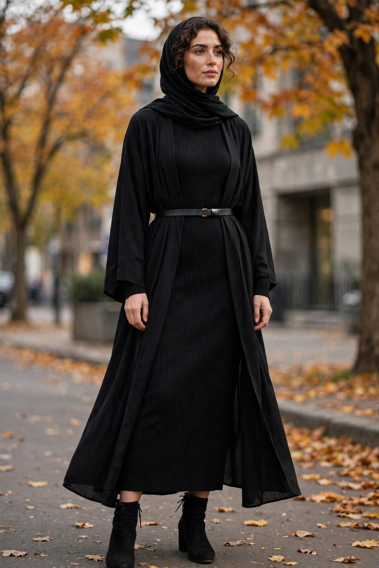 Belted open abaya over a knit dress