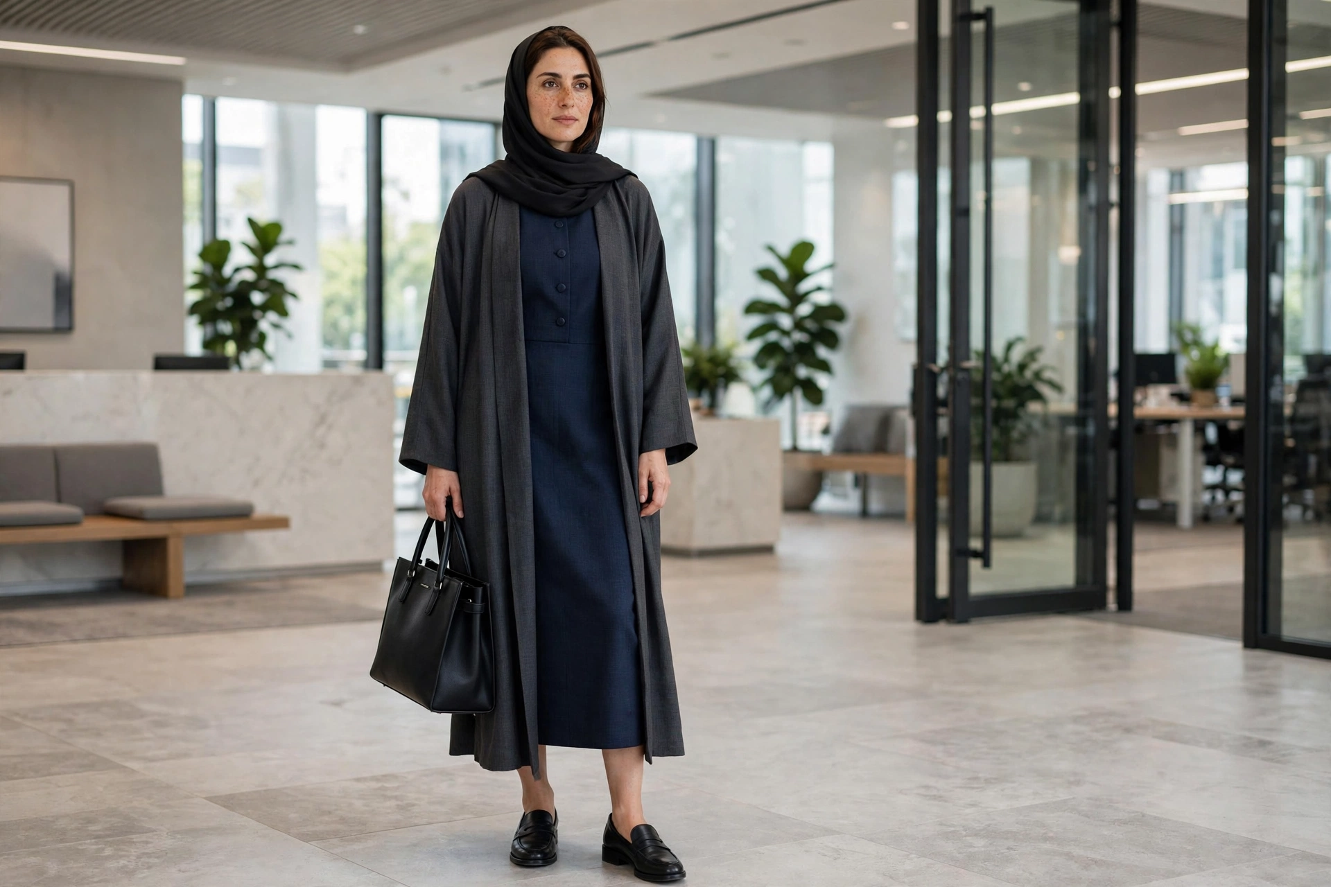 Work-ready open abaya over a midi dress and loafers