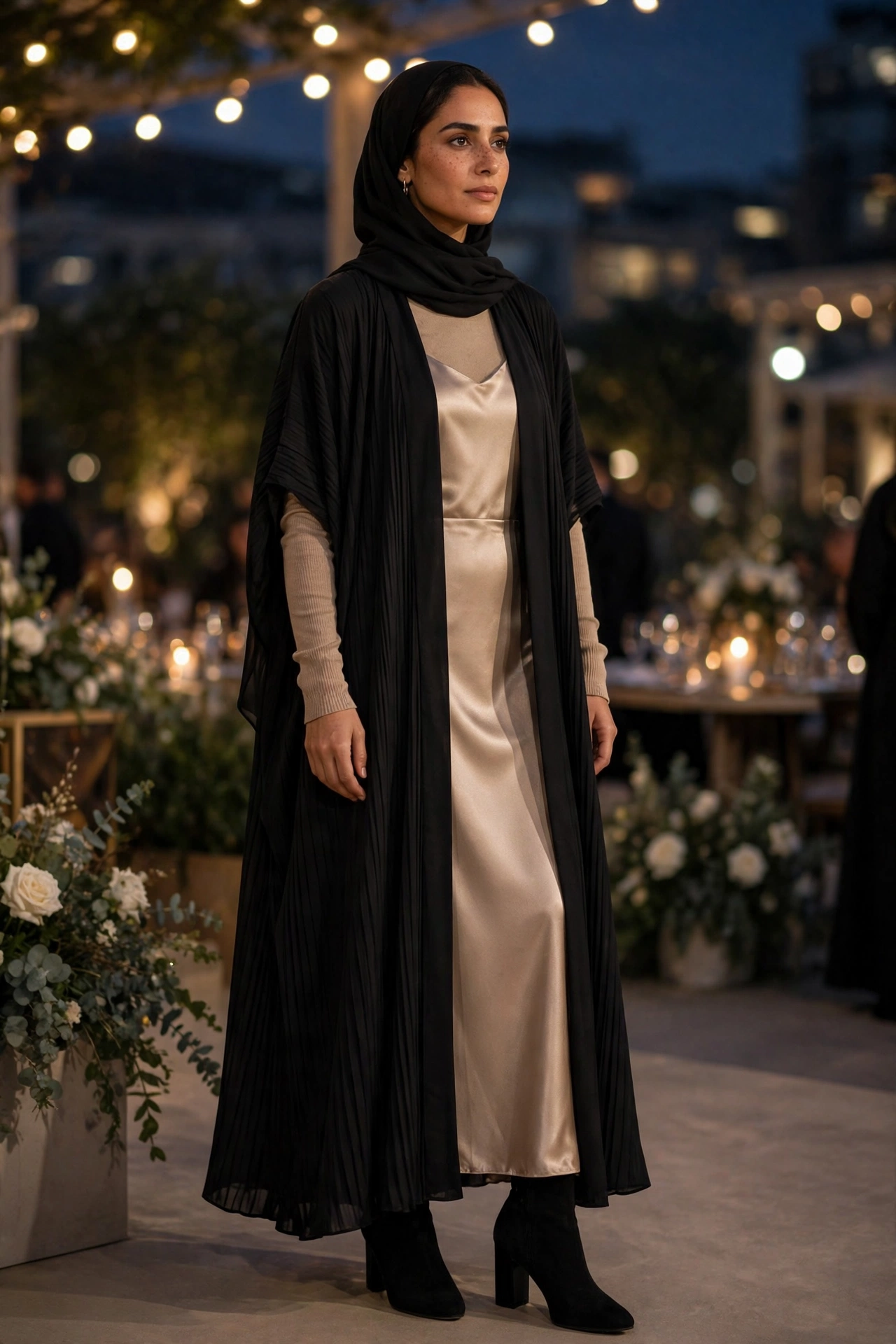 Pleated abaya over a satin slip dress for evenings