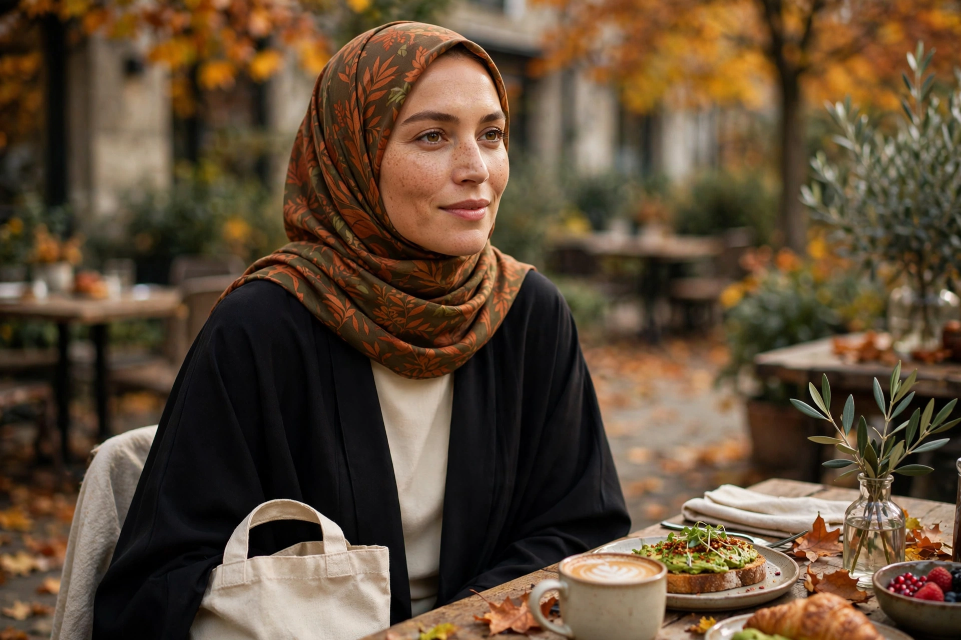Open abaya with a printed scarf and simple base