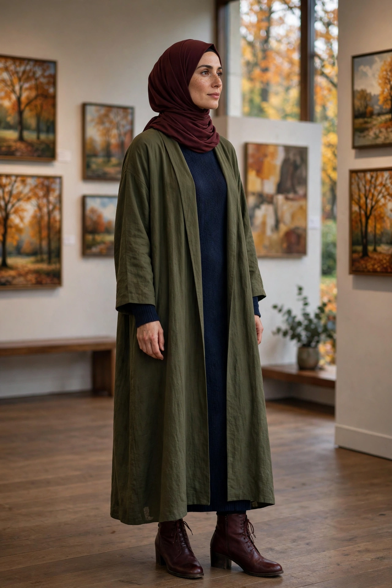 Colour-blocked open abaya in olive, navy, and burgundy