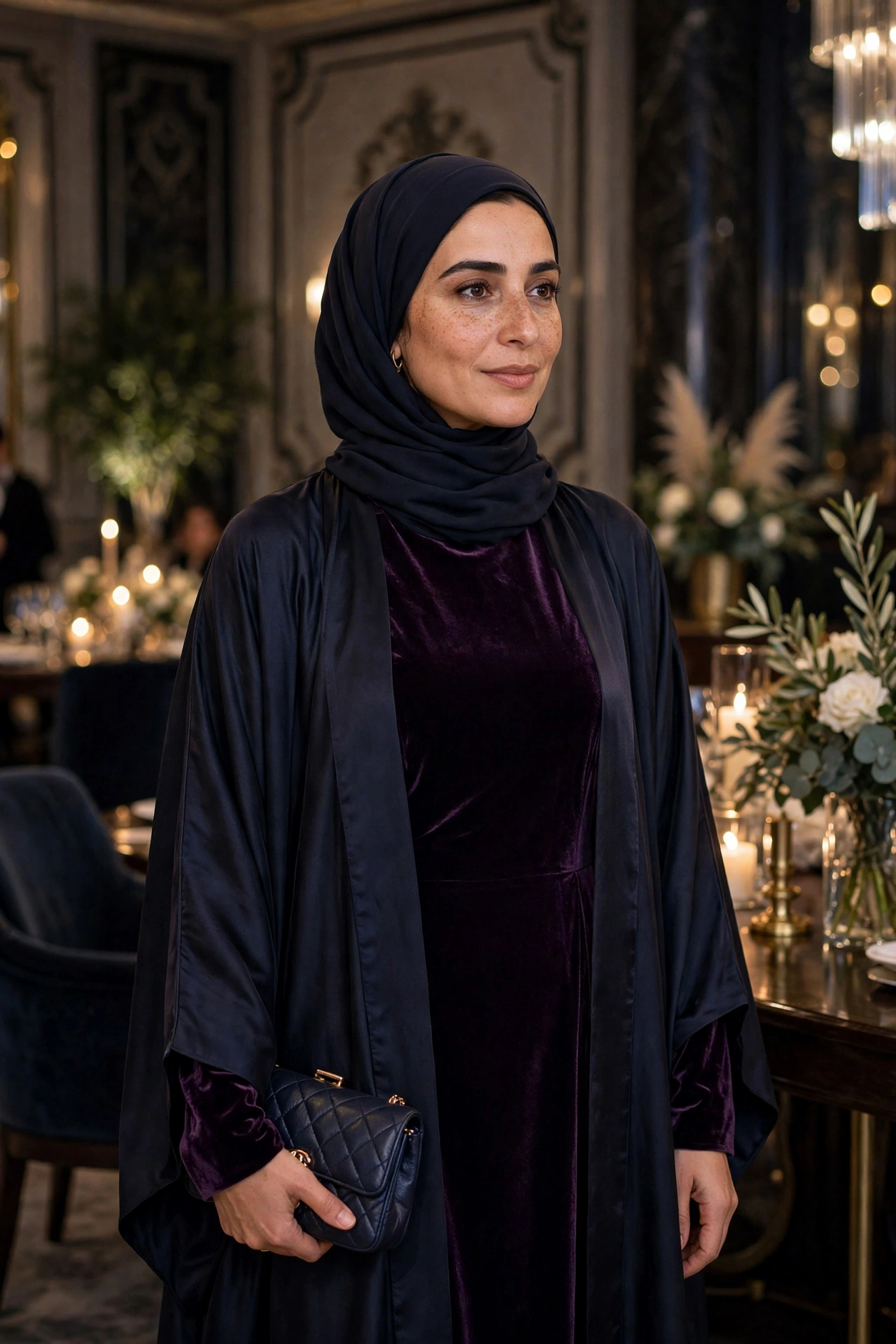 Evening wrap open abaya over a sequin-free formal dress