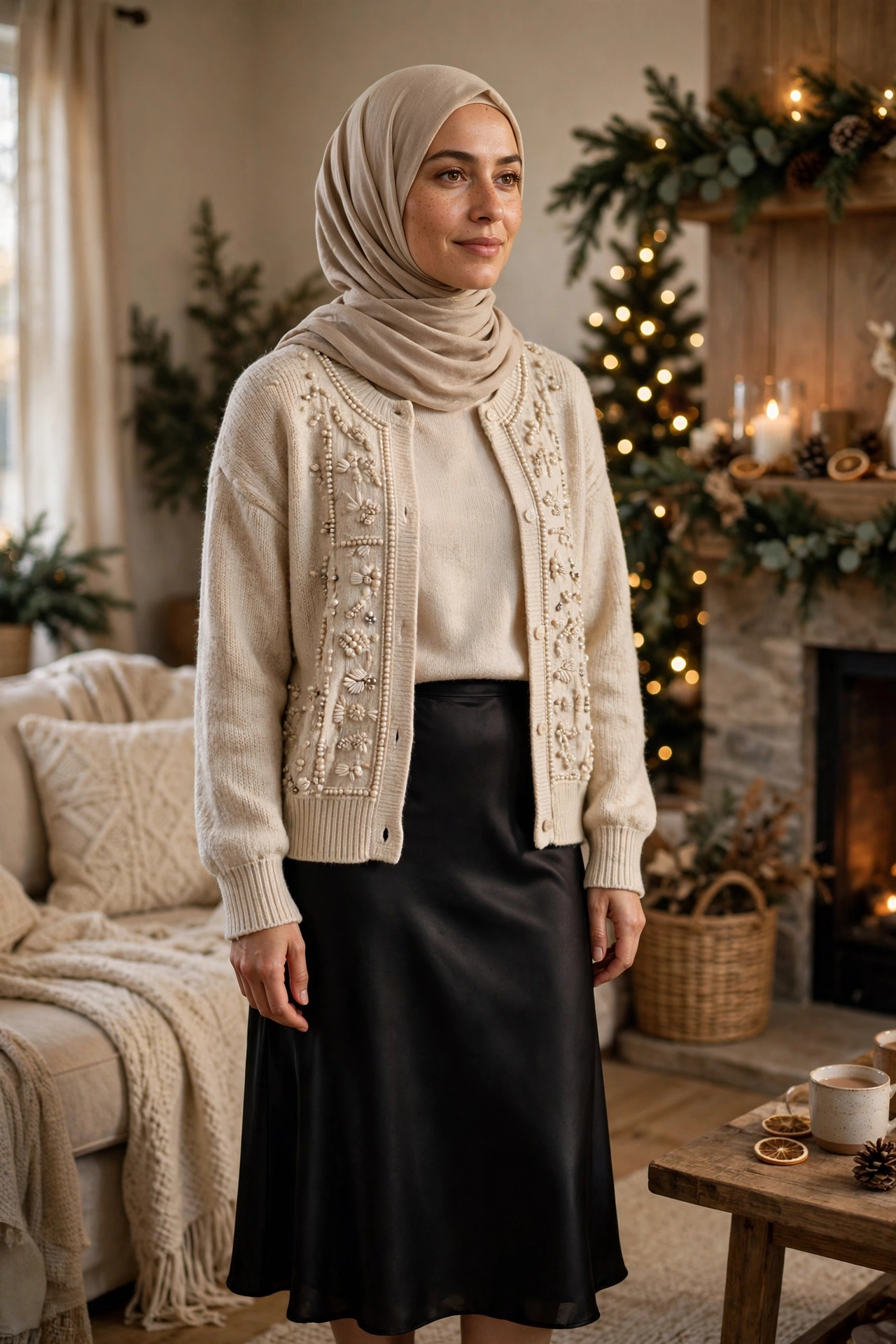 Sequin-Free Sparkle: Beaded Cardigan + Satin Midi Skirt