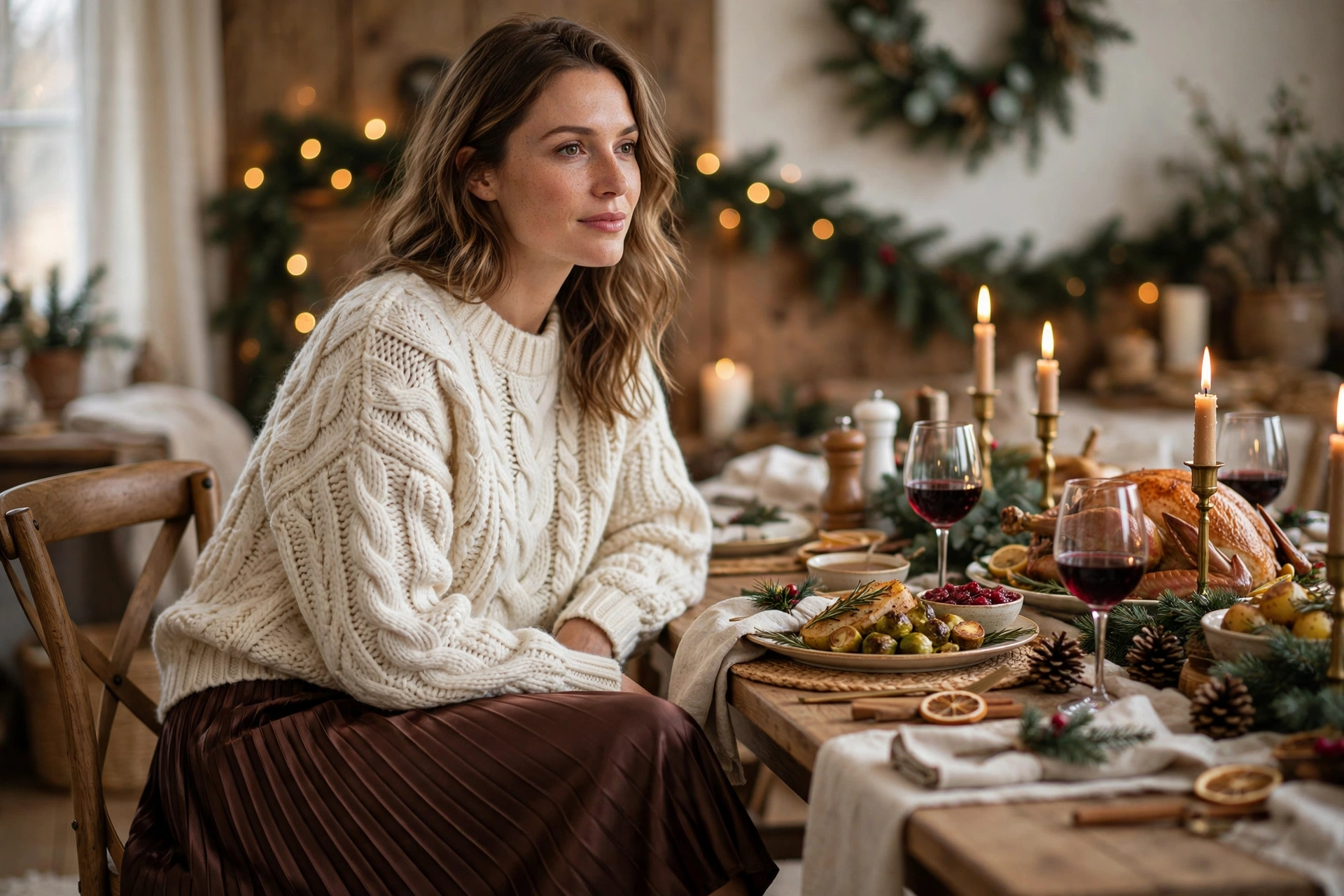 Family Dinner: Chunky Knit + Pleated Satin Skirt