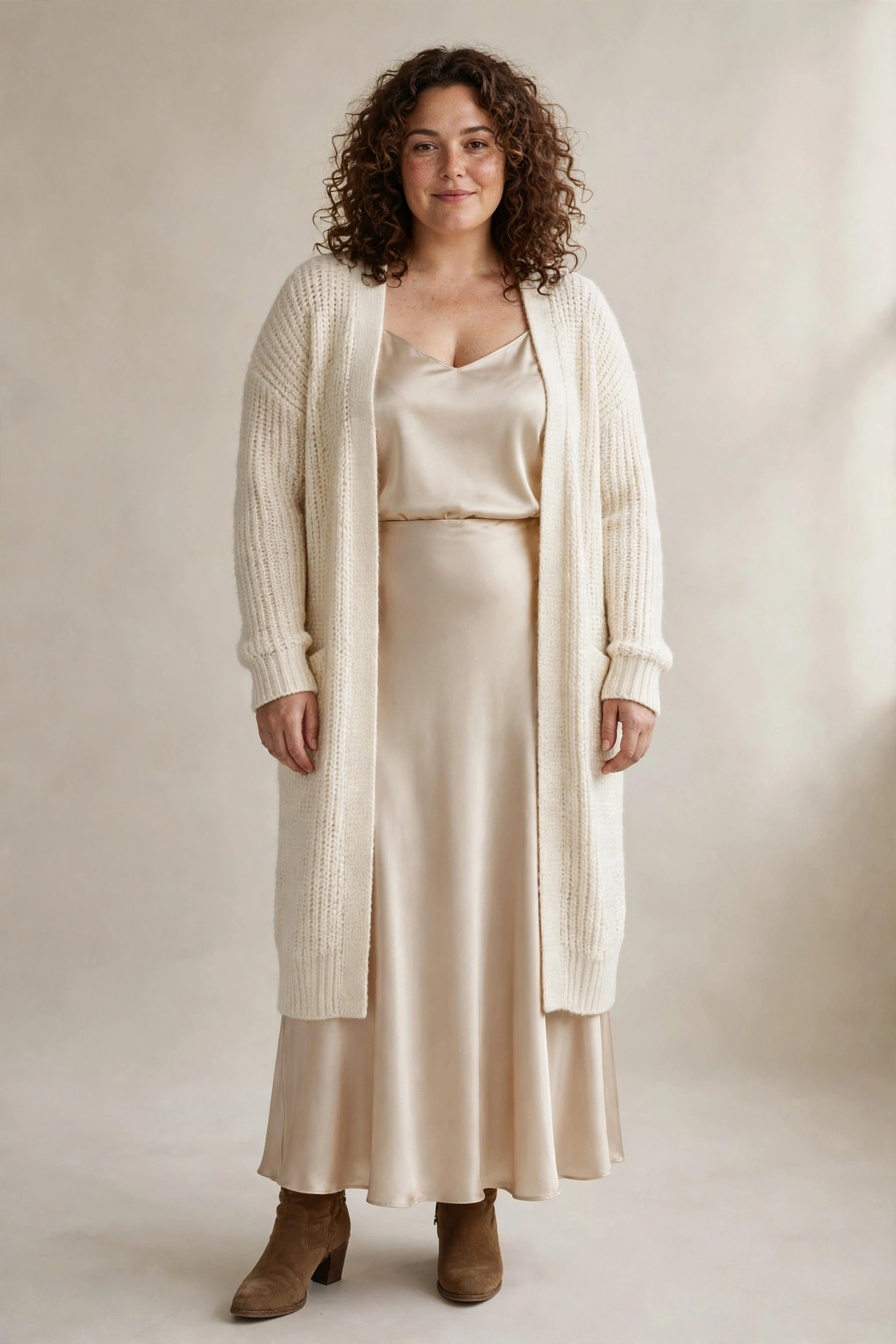 2. Longline Cardigan Over a Satin Maxi Skirt