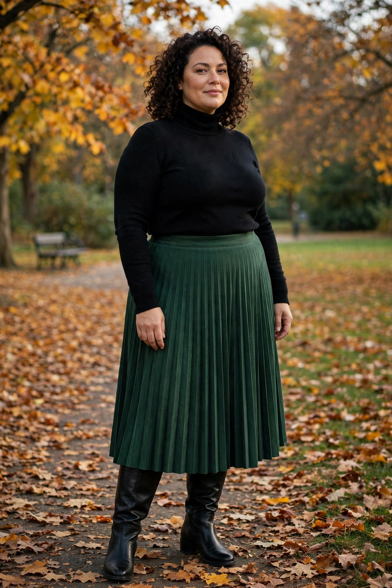 4. Turtleneck and Pleated Midi Skirt in Forest Green