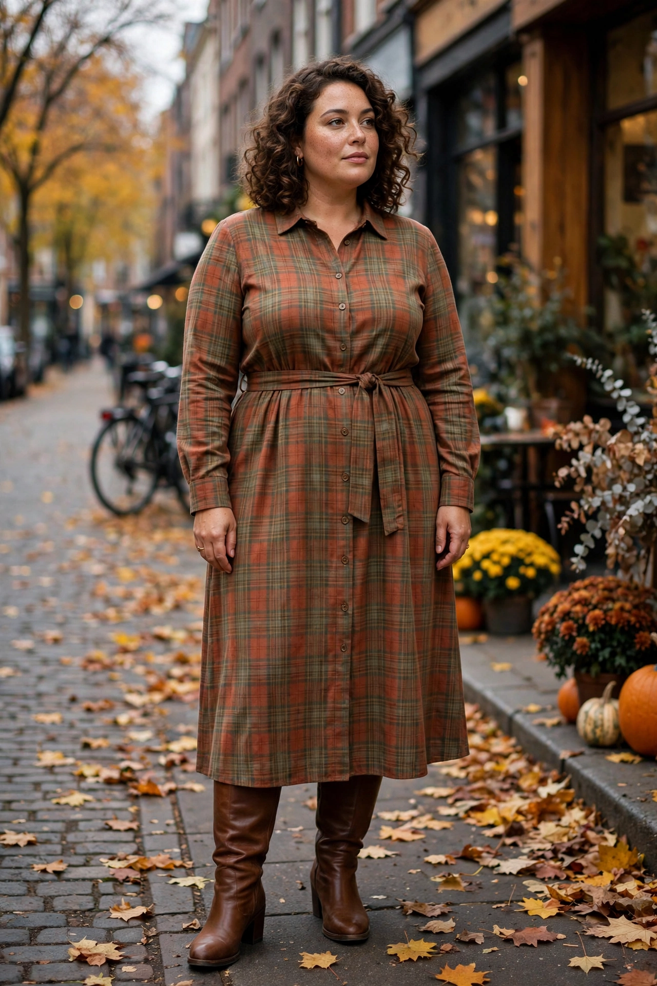 8. Plaid Midi Dress and Knee-High Boots