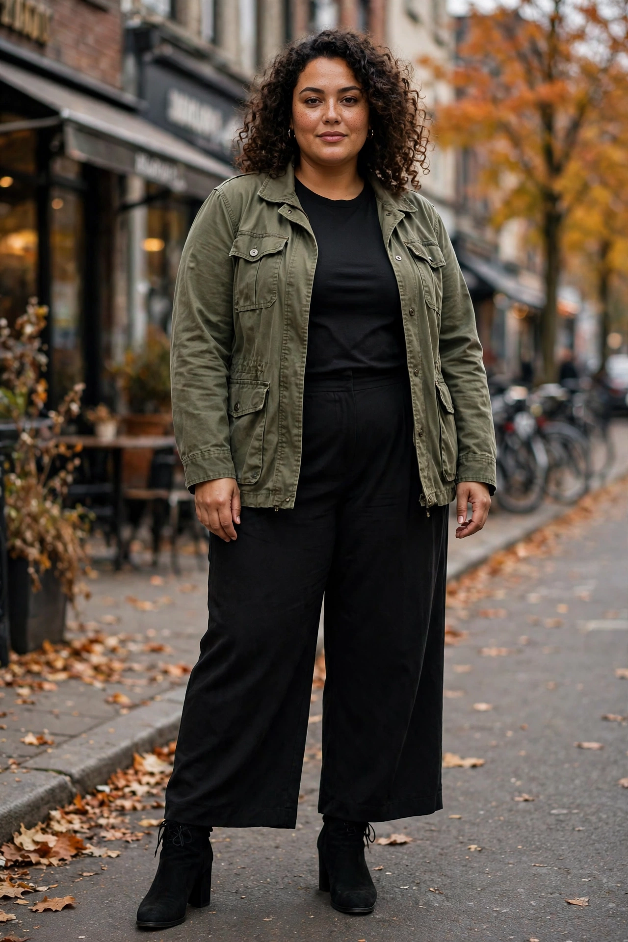 14. Olive Utility Jacket and Black Wide-Leg Trousers