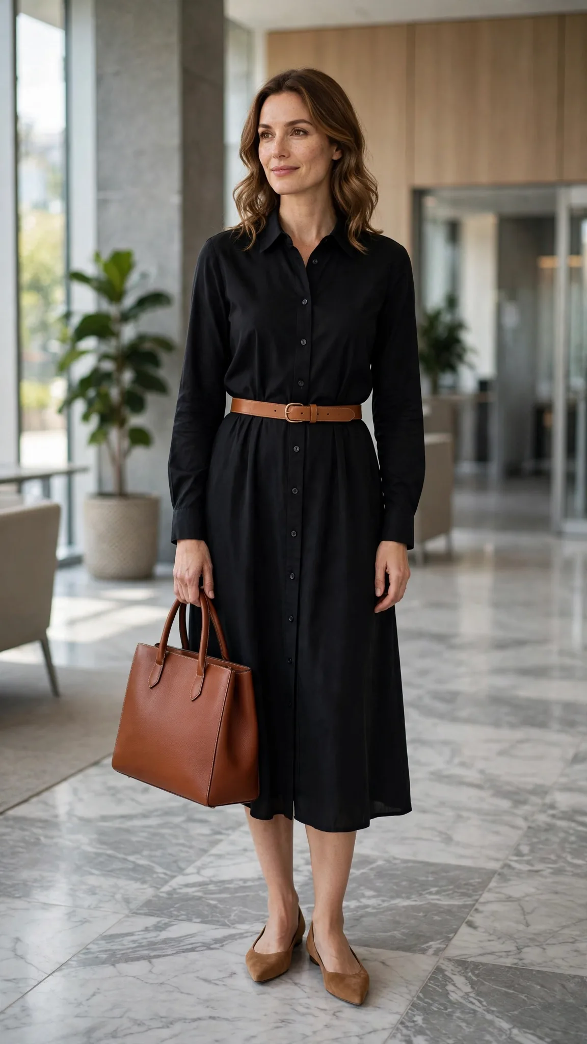5. Black Long-Sleeve Shirt Dress + Tan Belt