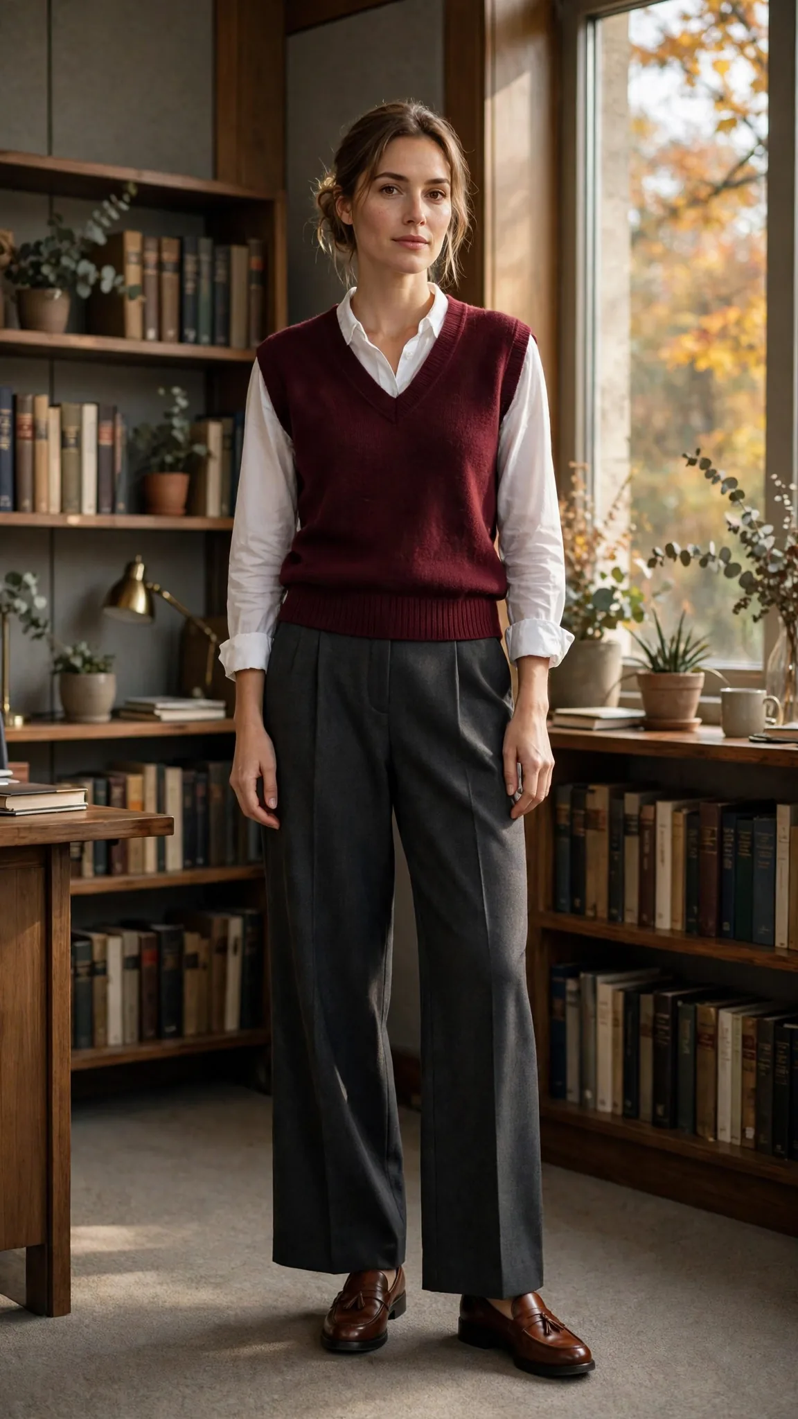 9. Burgundy Sweater Vest + White Shirt + Wide-Leg Trousers