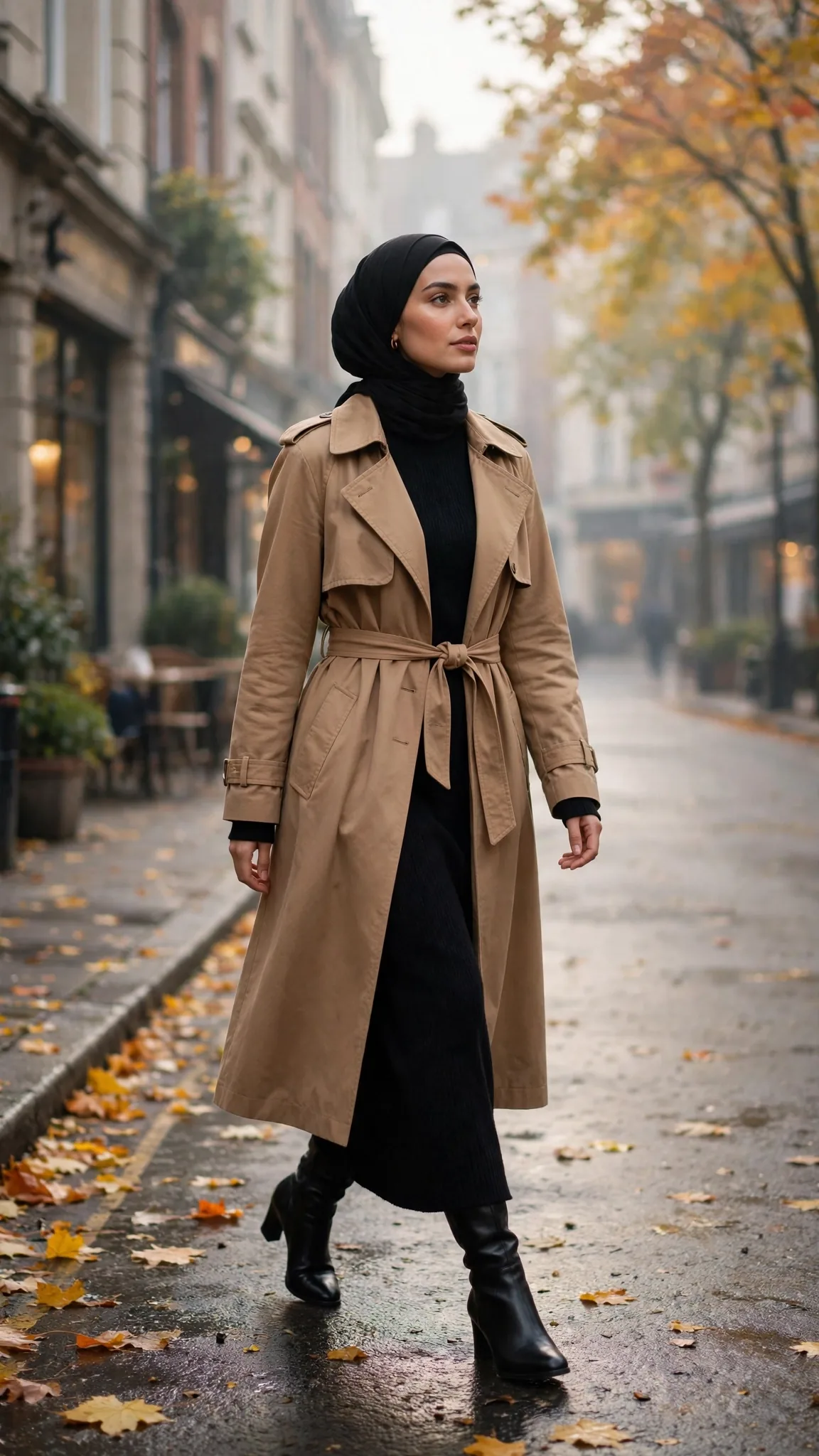11. Camel Trench Coat + Black Long-Sleeve Knit Dress
