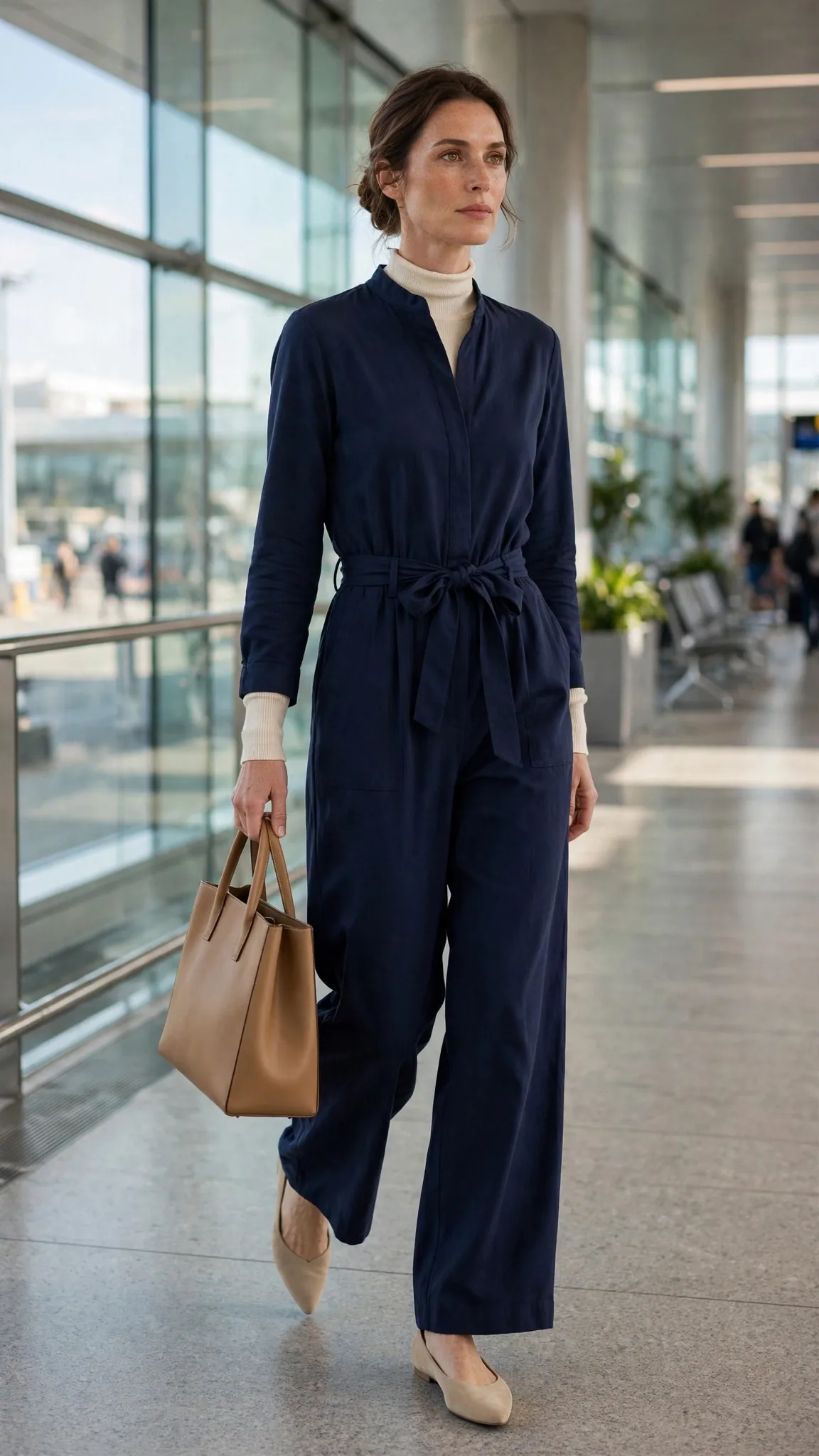 20. Navy Wide-Leg Jumpsuit + Cream Long-Sleeve Layer