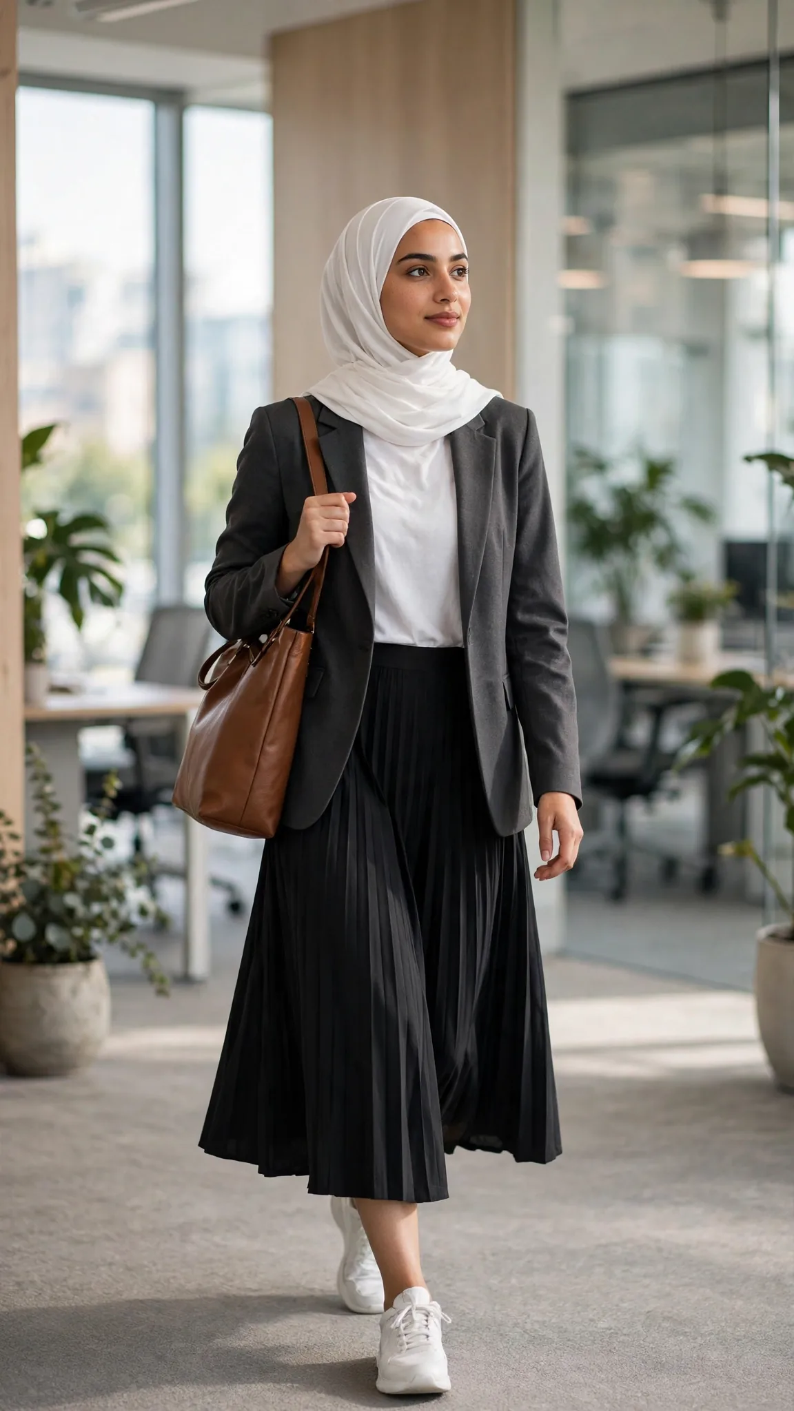 22. Charcoal Blazer + White Tee + Black Pleated Midi Skirt