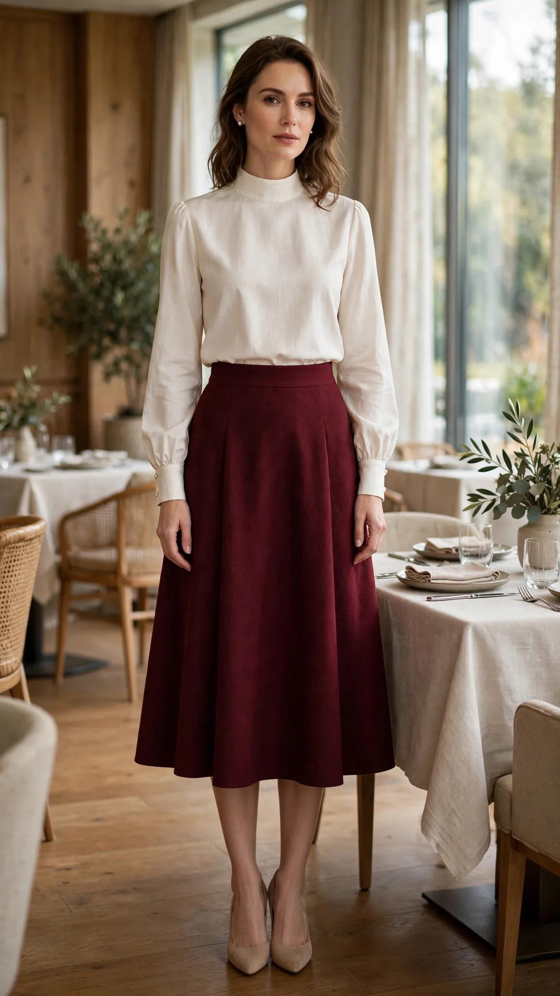 23. Cream High-Neck Blouse + Burgundy Midi Skirt