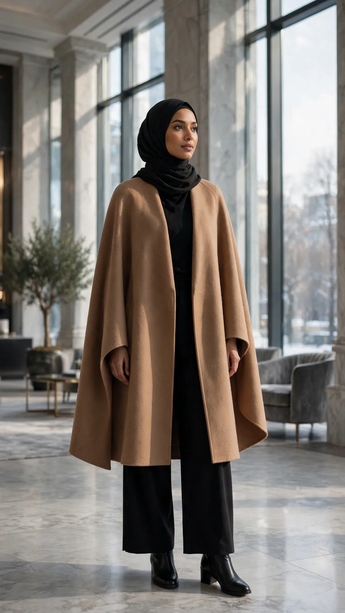 25. Camel Cape Coat + Black Turtleneck + Wide-Leg Trousers