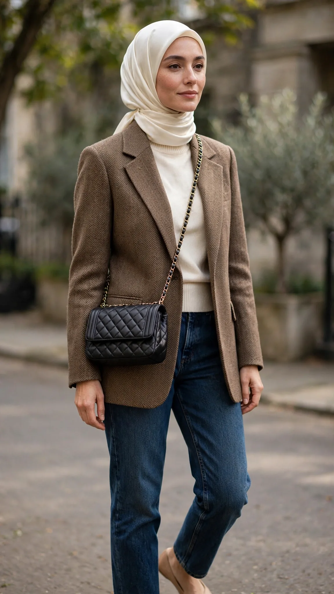 4. Herringbone Blazer + Ivory Hijab + Dark-Rinse Jeans + Ballet Flats