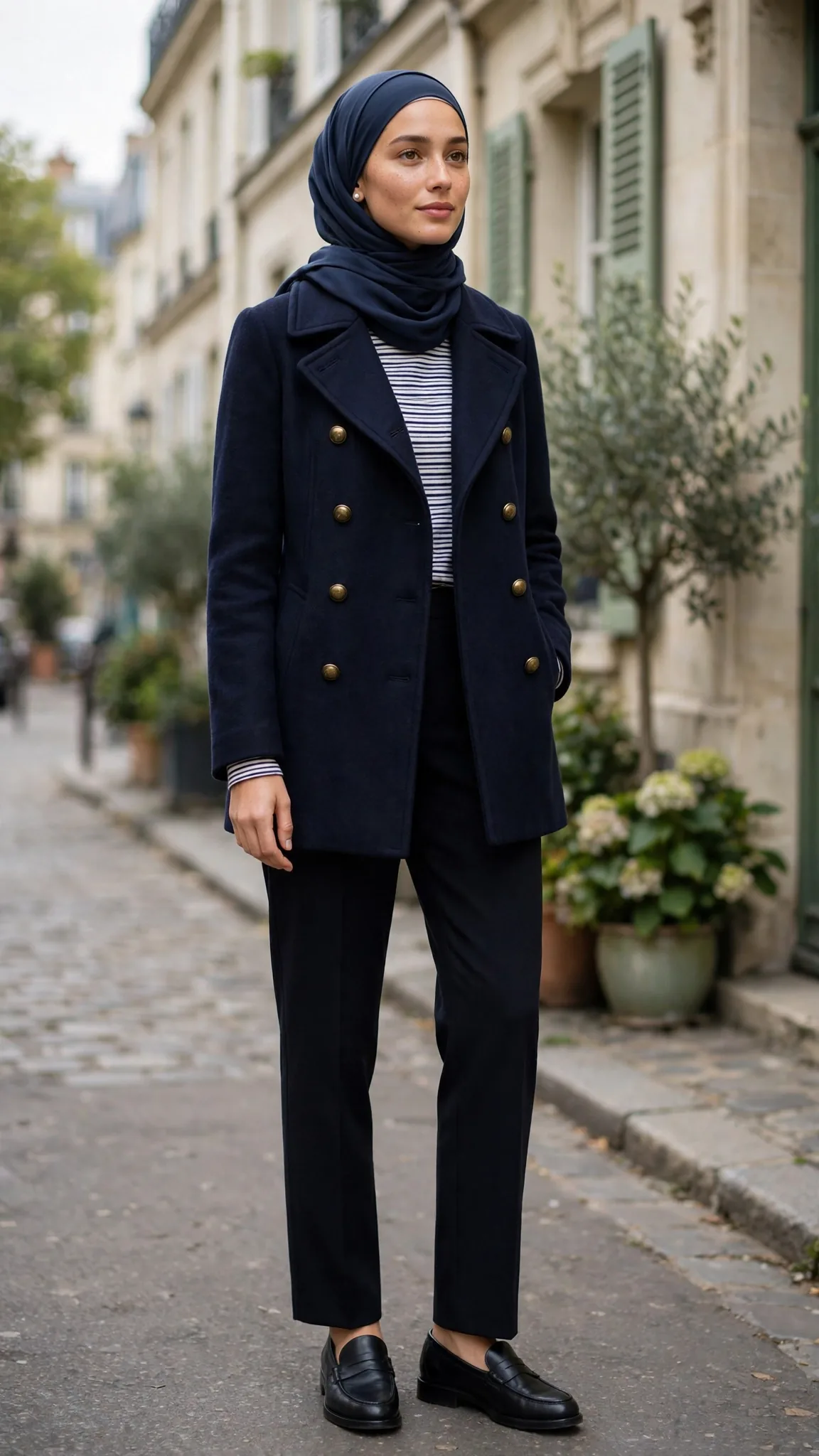 6. Double-Breasted Navy Peacoat + Breton Stripe Top + Black Trousers