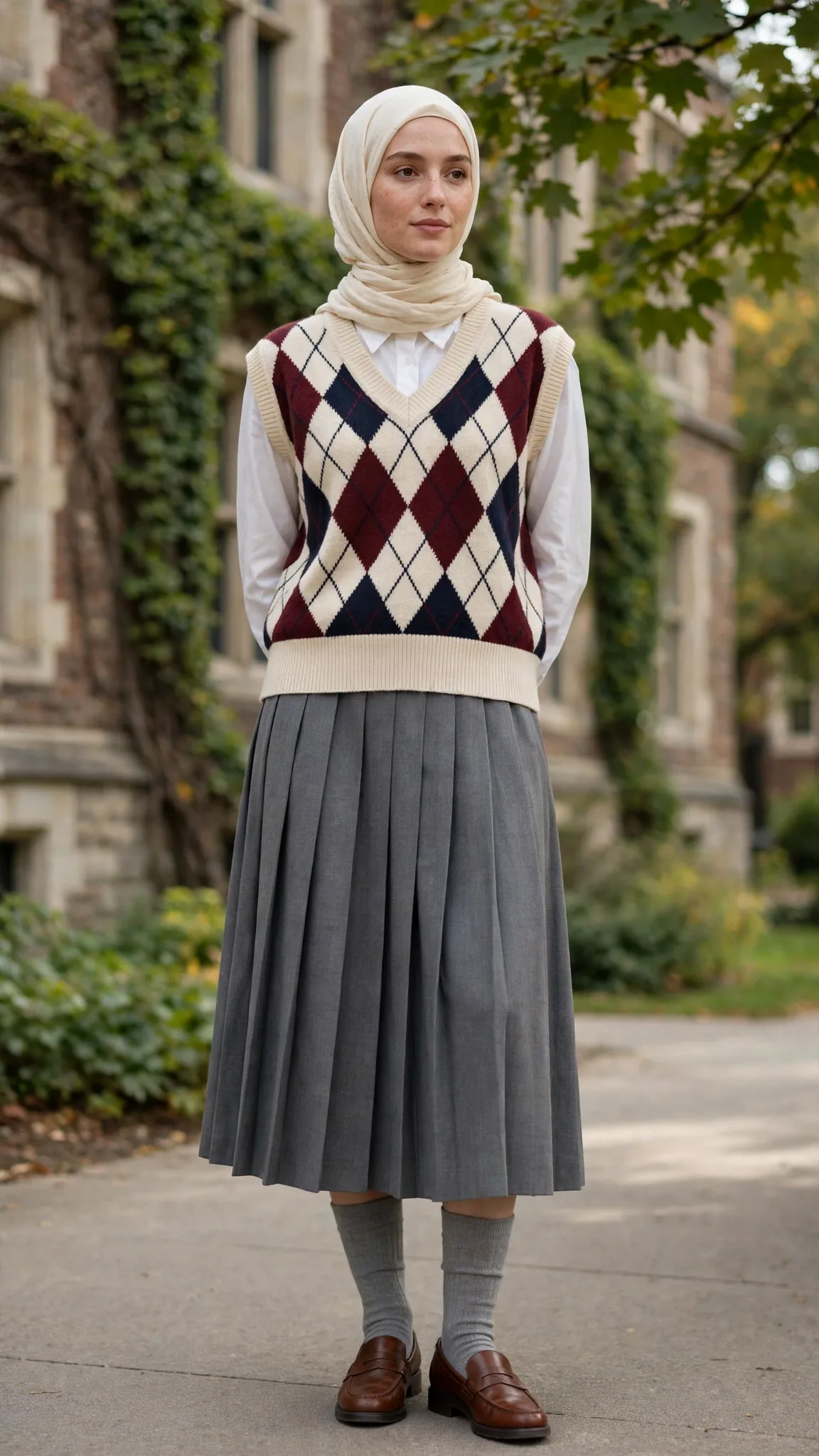 8. Argyle Sweater Vest + White Shirt + Gray Pleated Skirt
