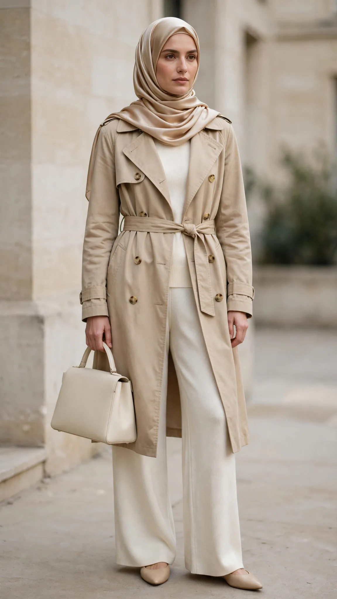 9. Beige Trench + Monochrome Cream Knit Set + Silk-Scarf Hijab