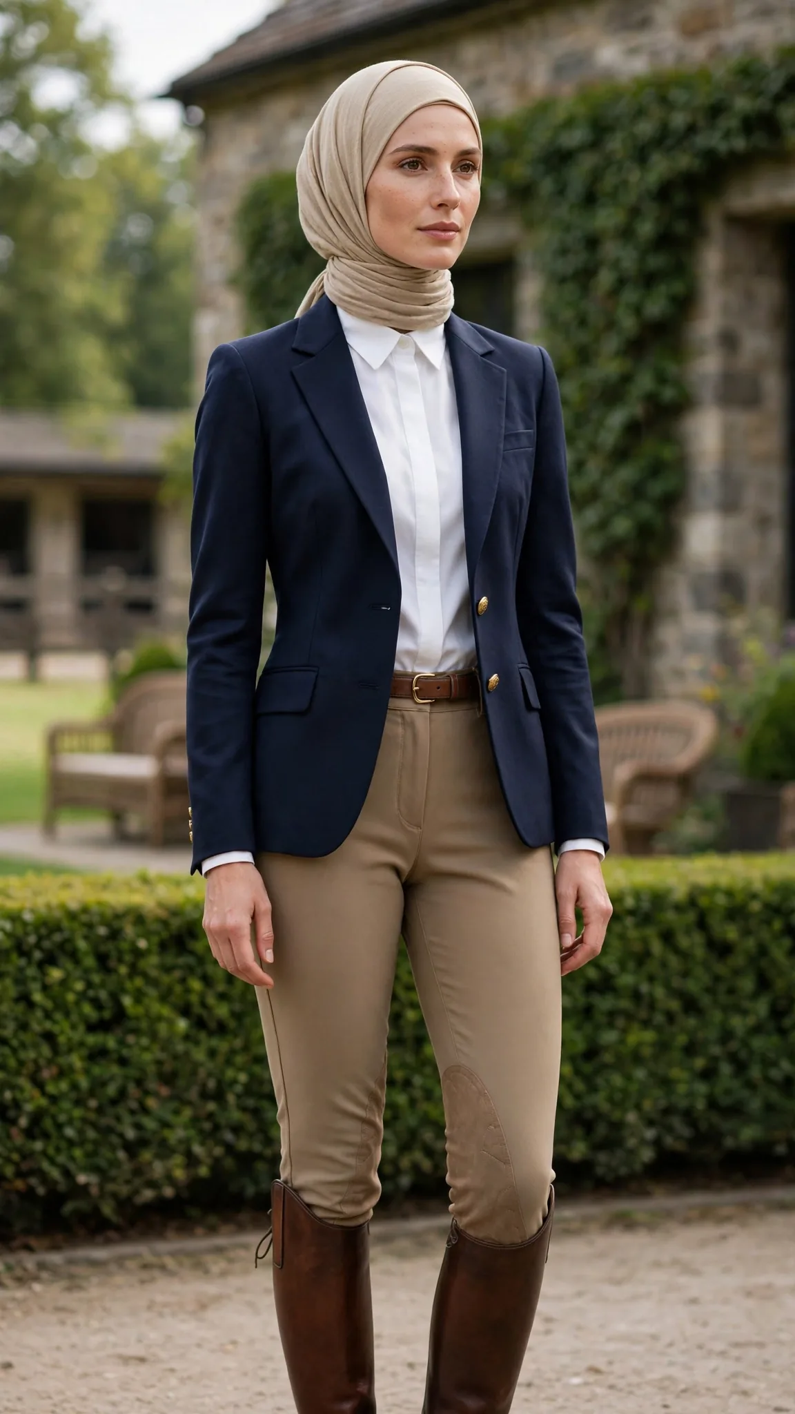 11. Equestrian Look: Fitted Blazer + White Shirt + Tan Riding Pants + Tall Boots