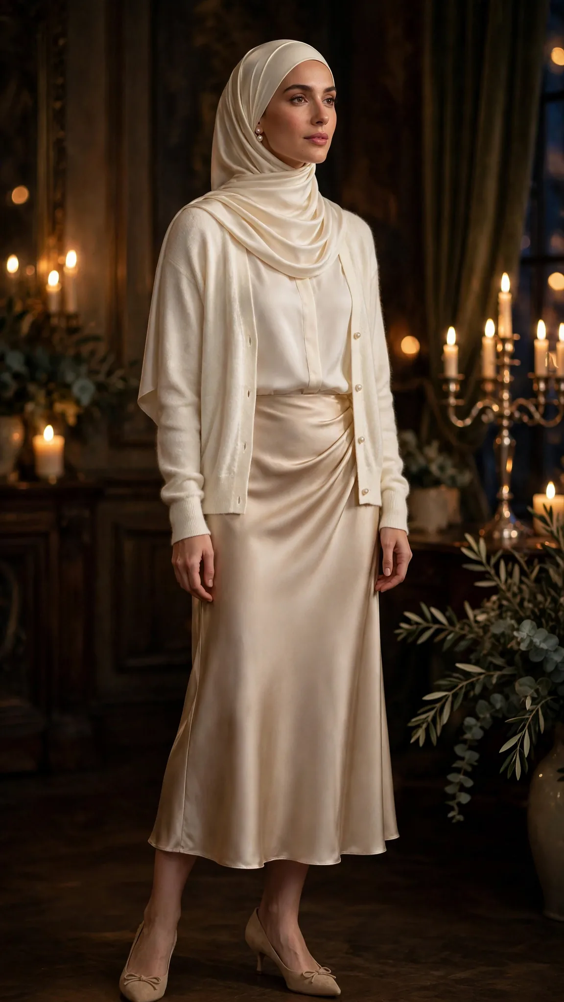12. Cashmere Cardigan + Champagne Satin Slip Skirt + Pearl Earrings