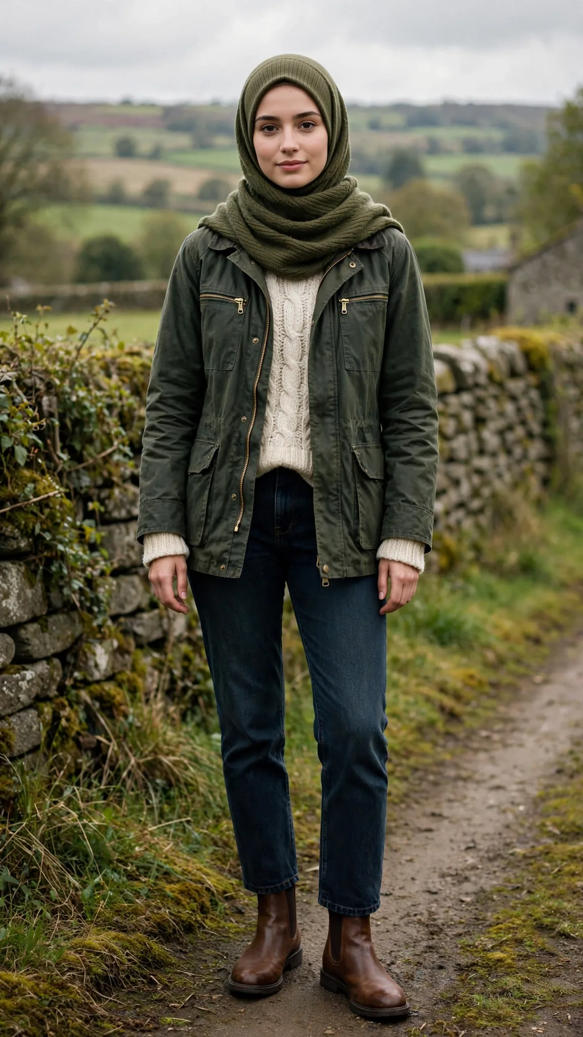 13. Dark Green Waxed Jacket + Cream Fisherman Sweater + Dark Jeans