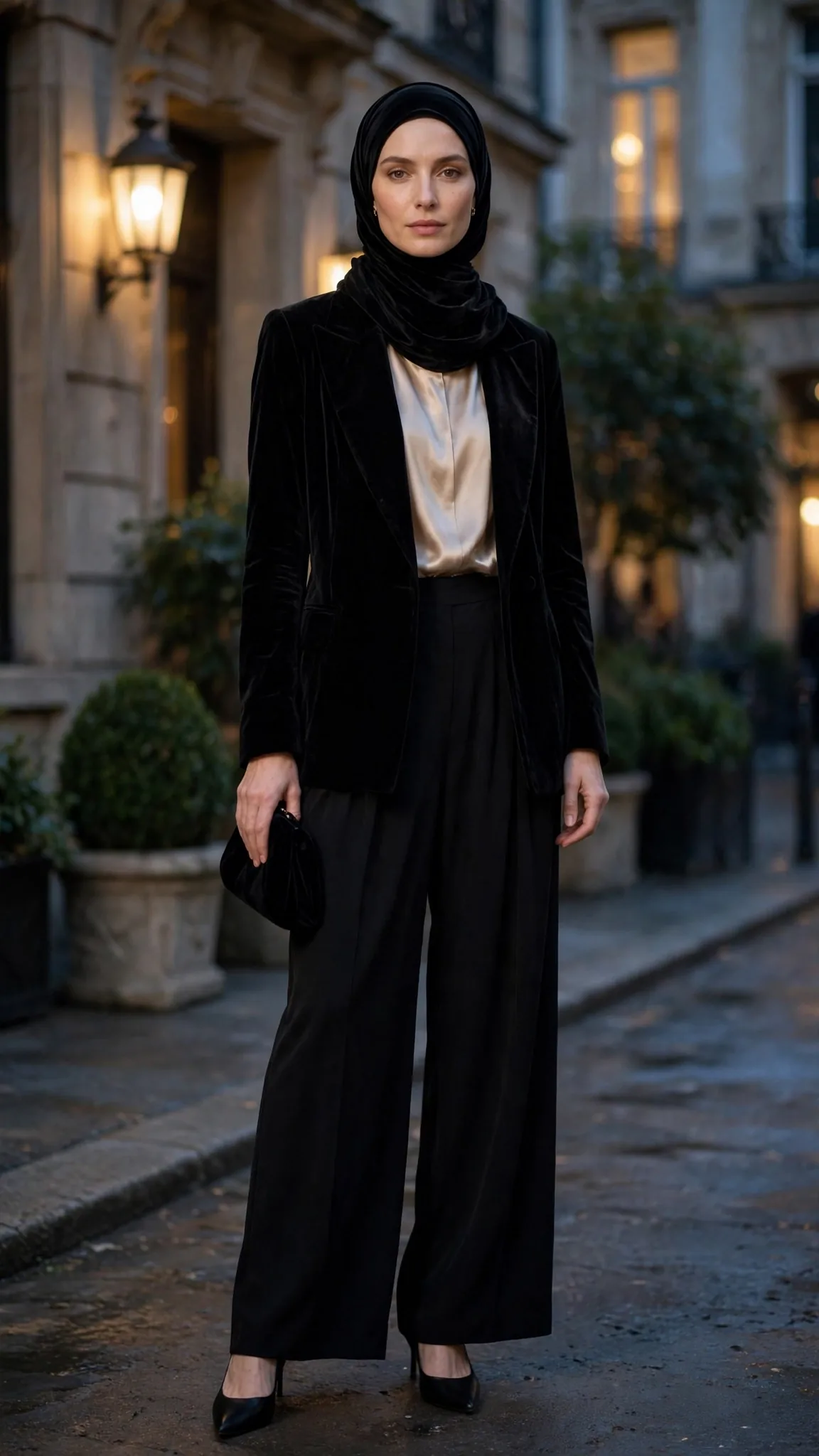 15. Black Velvet Blazer + Champagne Silk Blouse + Black Wide-Leg Trousers