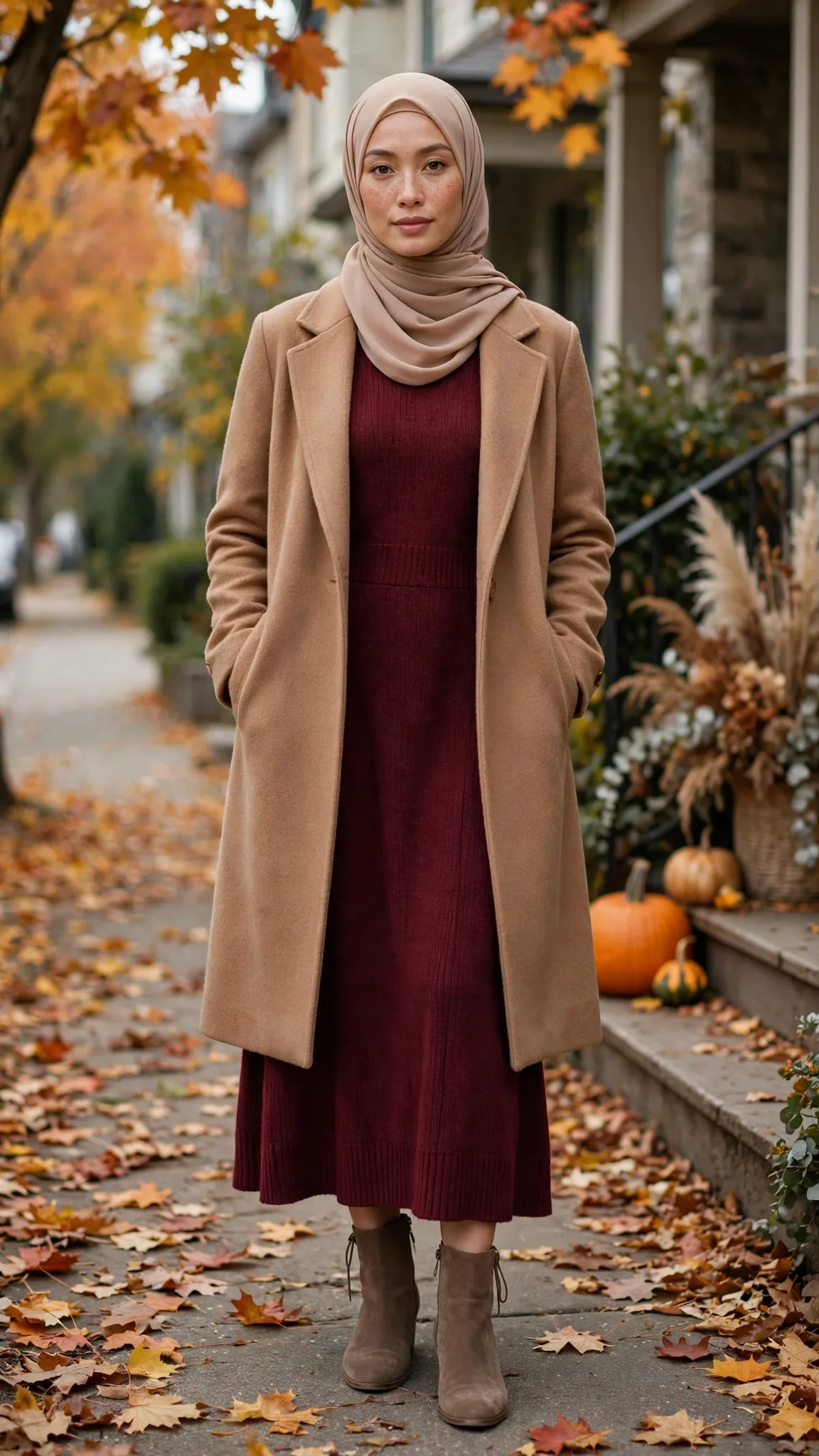 What to Wear for Thanksgiving Dinner – 1. Burgundy Midi Sweater Dress + Camel Coat + Nude Hijab