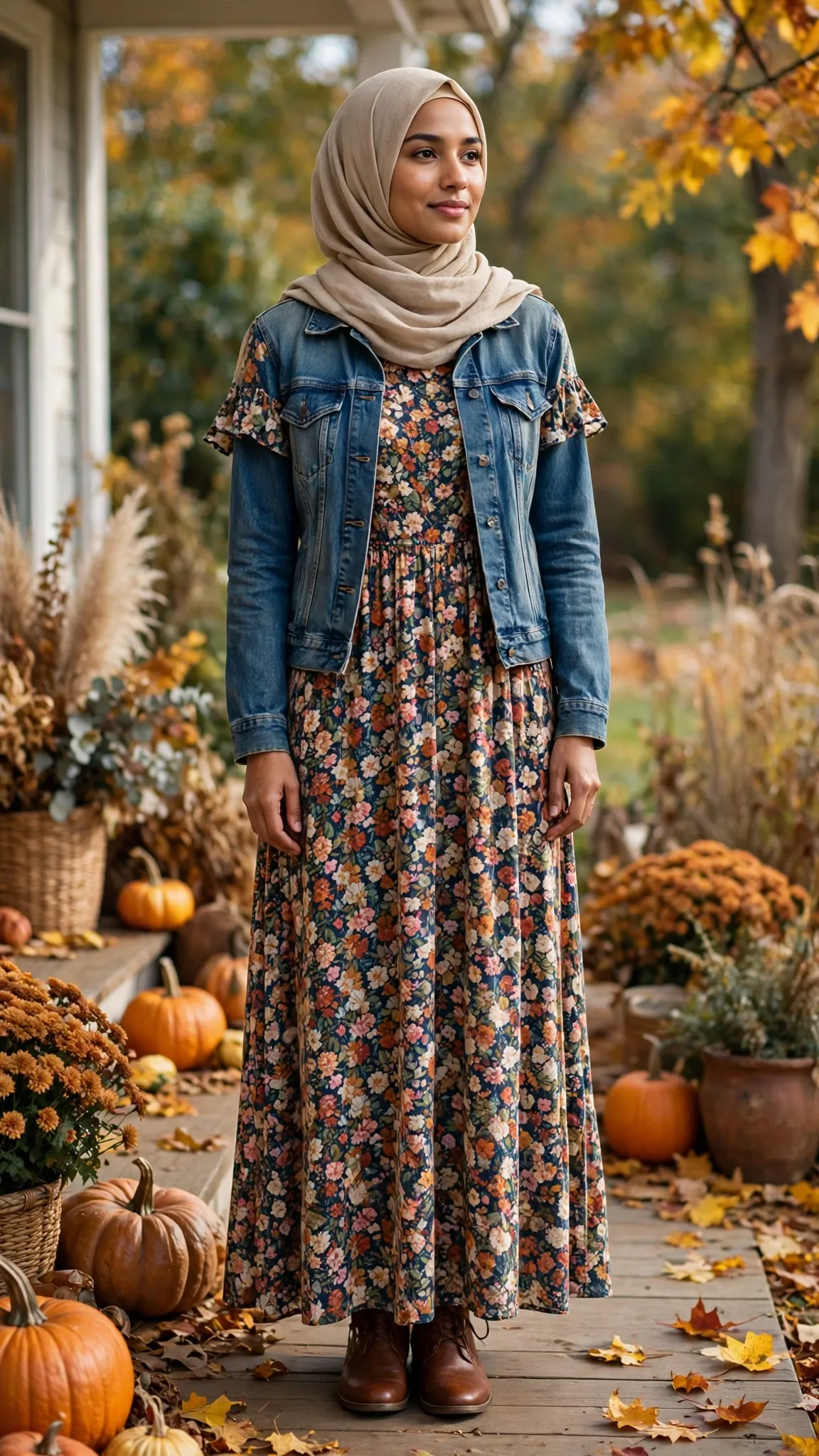 5. Floral Maxi Dress + Denim Jacket + Beige Hijab