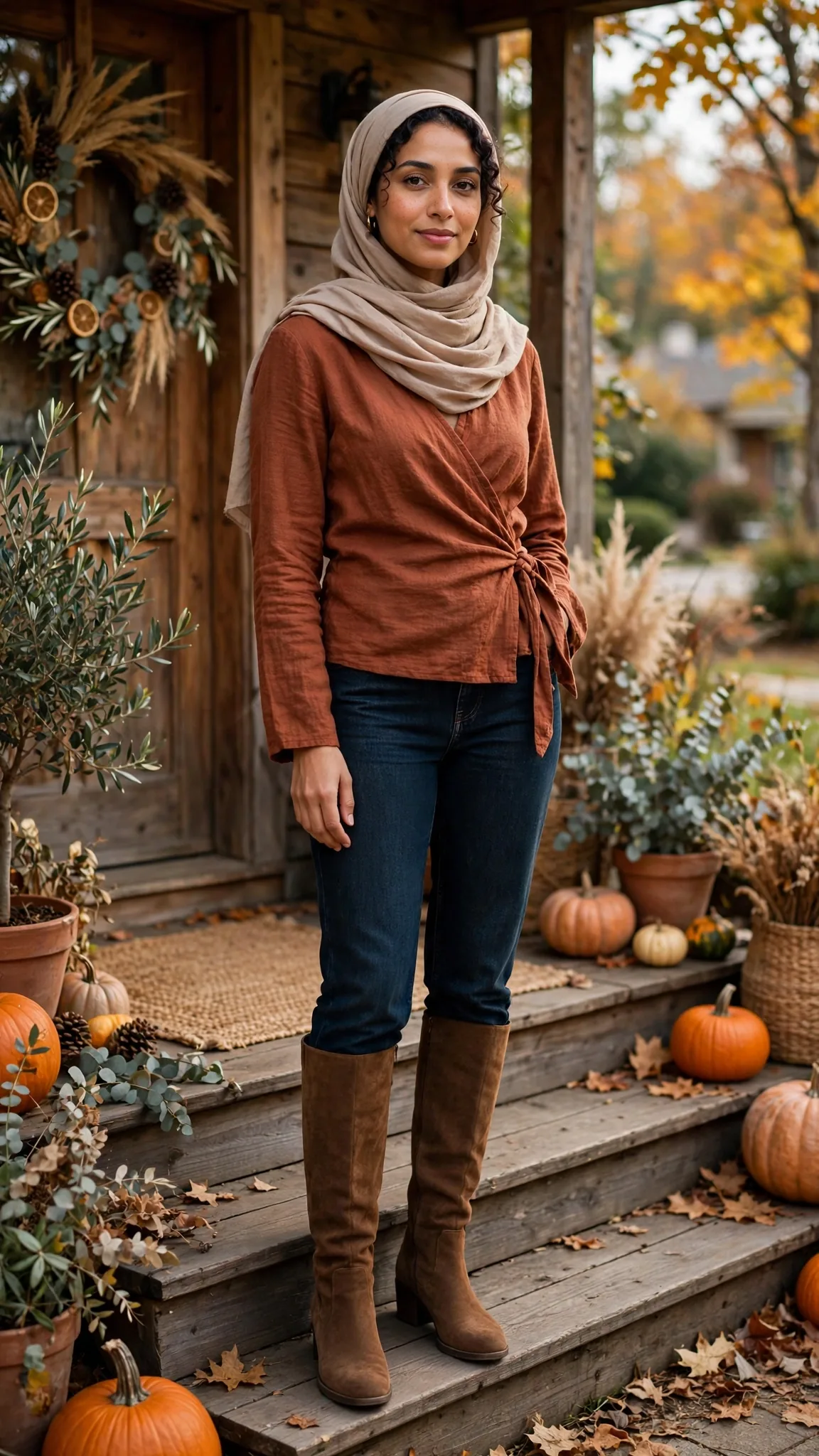 8. Rust Wrap Top + Dark Straight-Leg Jeans + Knee-High Boots