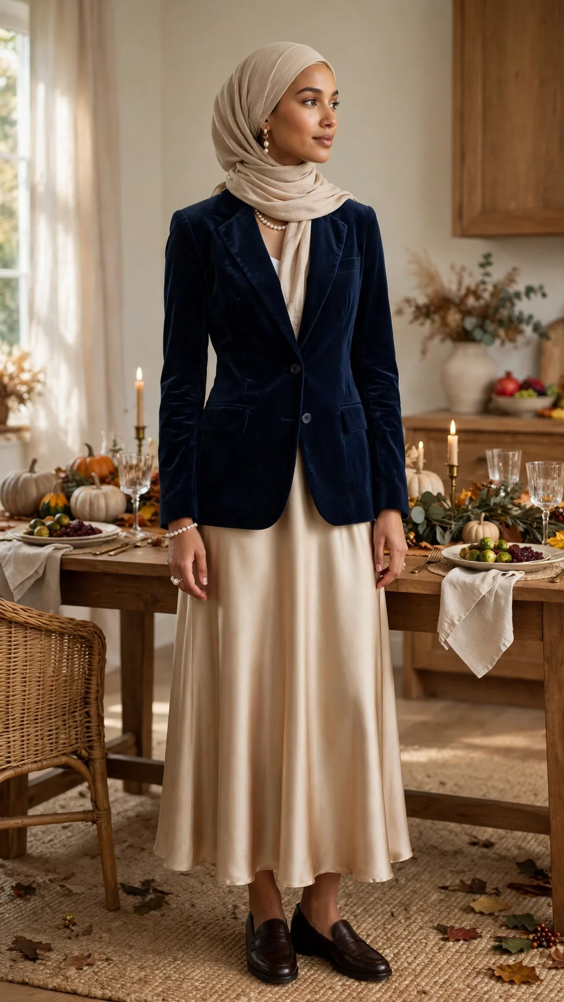 9. Navy Velvet Blazer + Champagne Satin Midi Skirt + Pearls