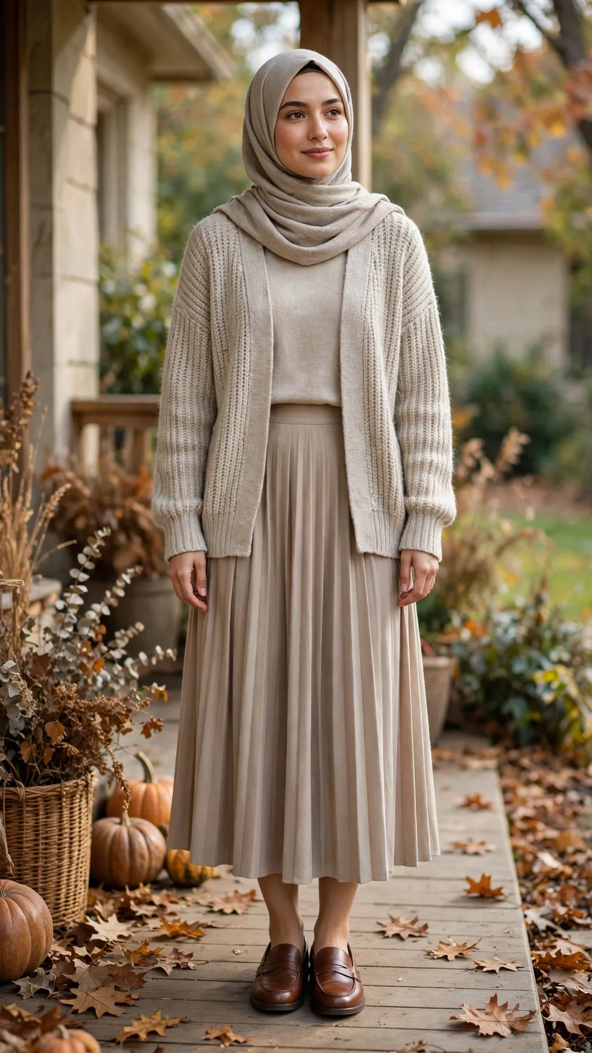 10. Oatmeal Knit Cardigan + Pleated Midi Skirt + Loafers