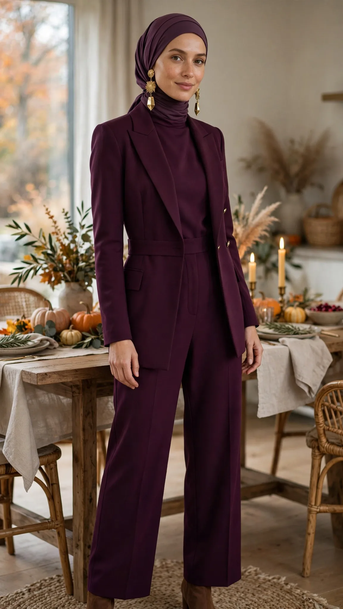 11. Deep Plum Jumpsuit + Structured Blazer + Statement Earrings