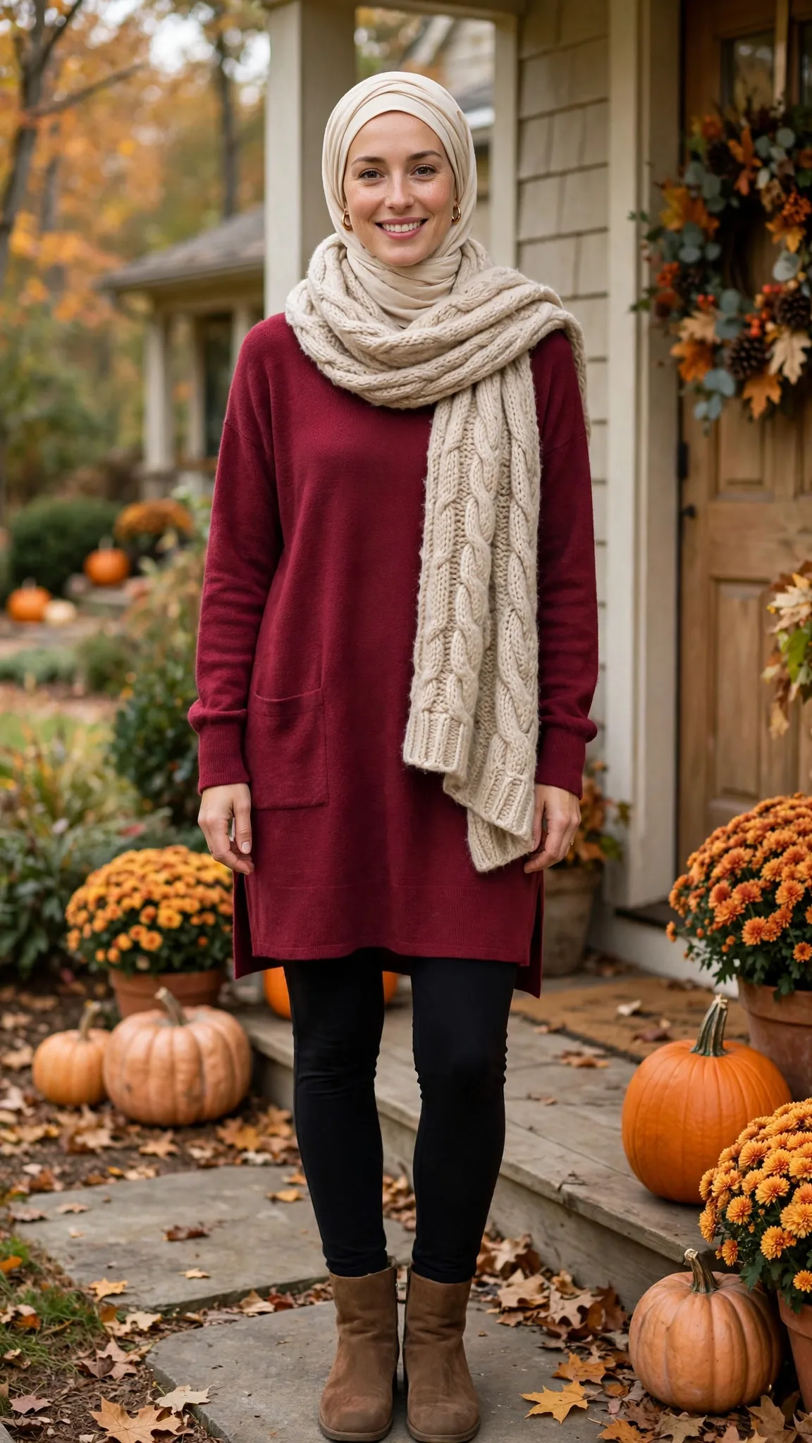 17. Cranberry Tunic + Ponte Leggings + Oversized Wool Scarf