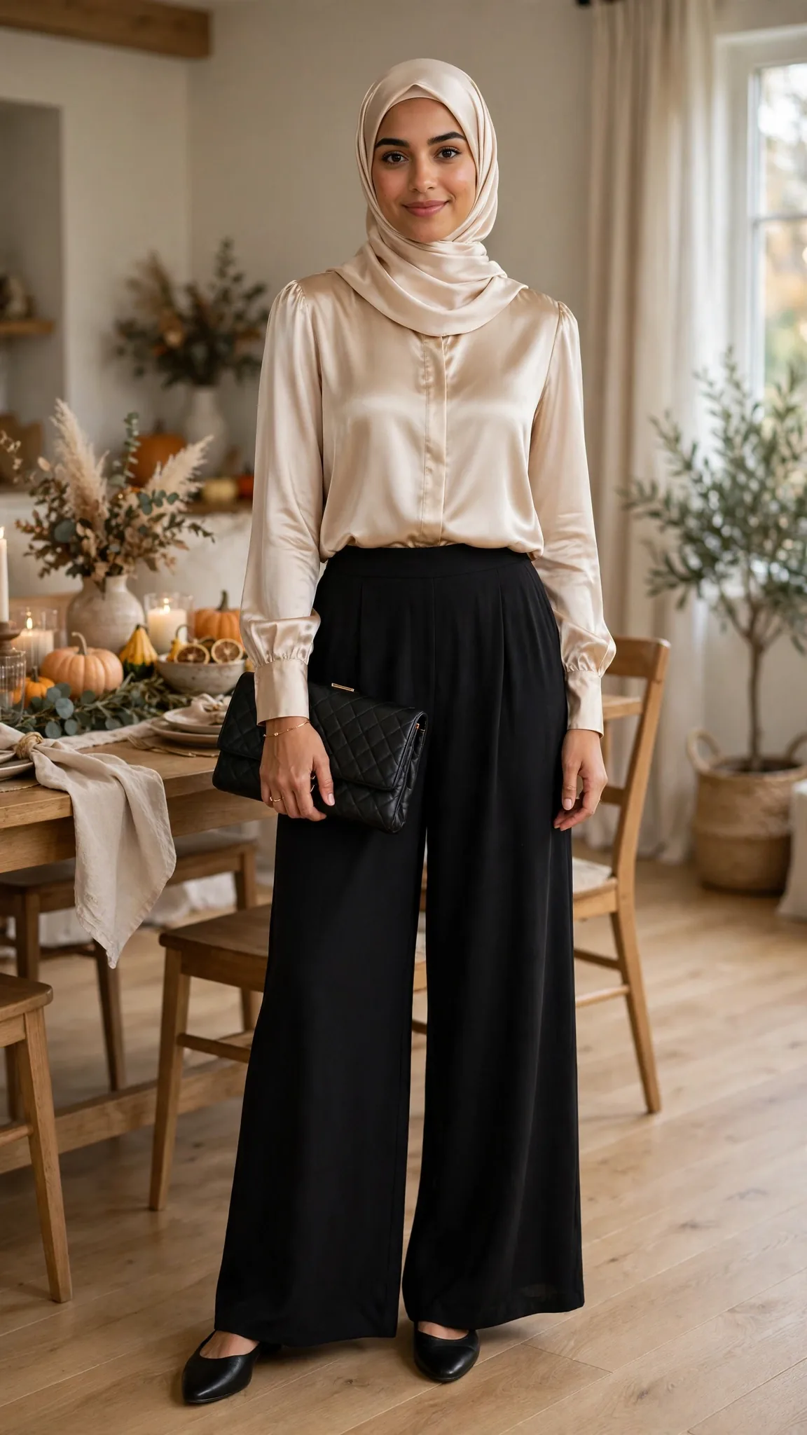 18. Champagne Satin Blouse + Black Palazzo Pants + Clutch